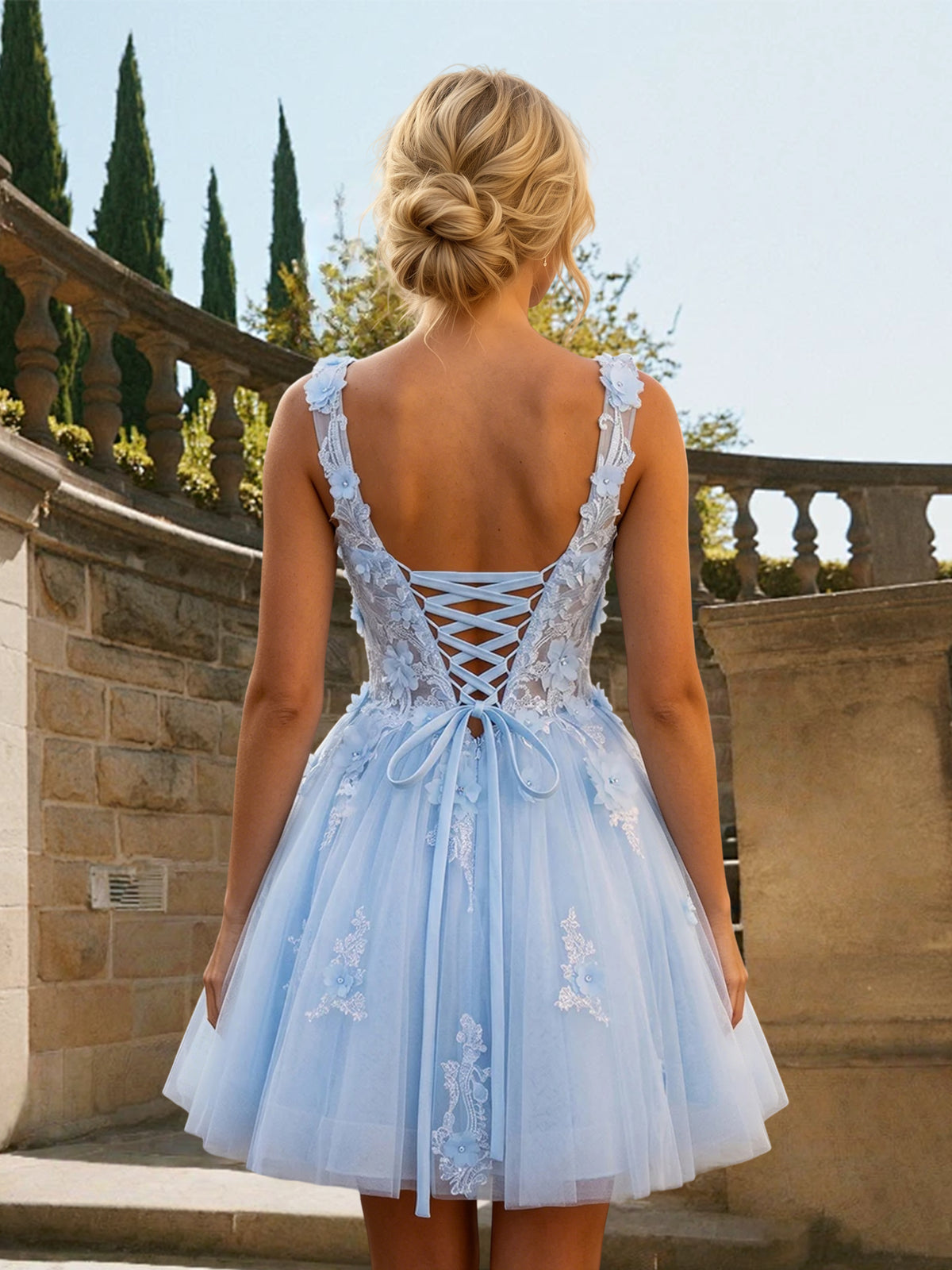 Cicinia Appliques Lace Sky Blue Homecoming Dresses Short Tulle A-line Mini Dress