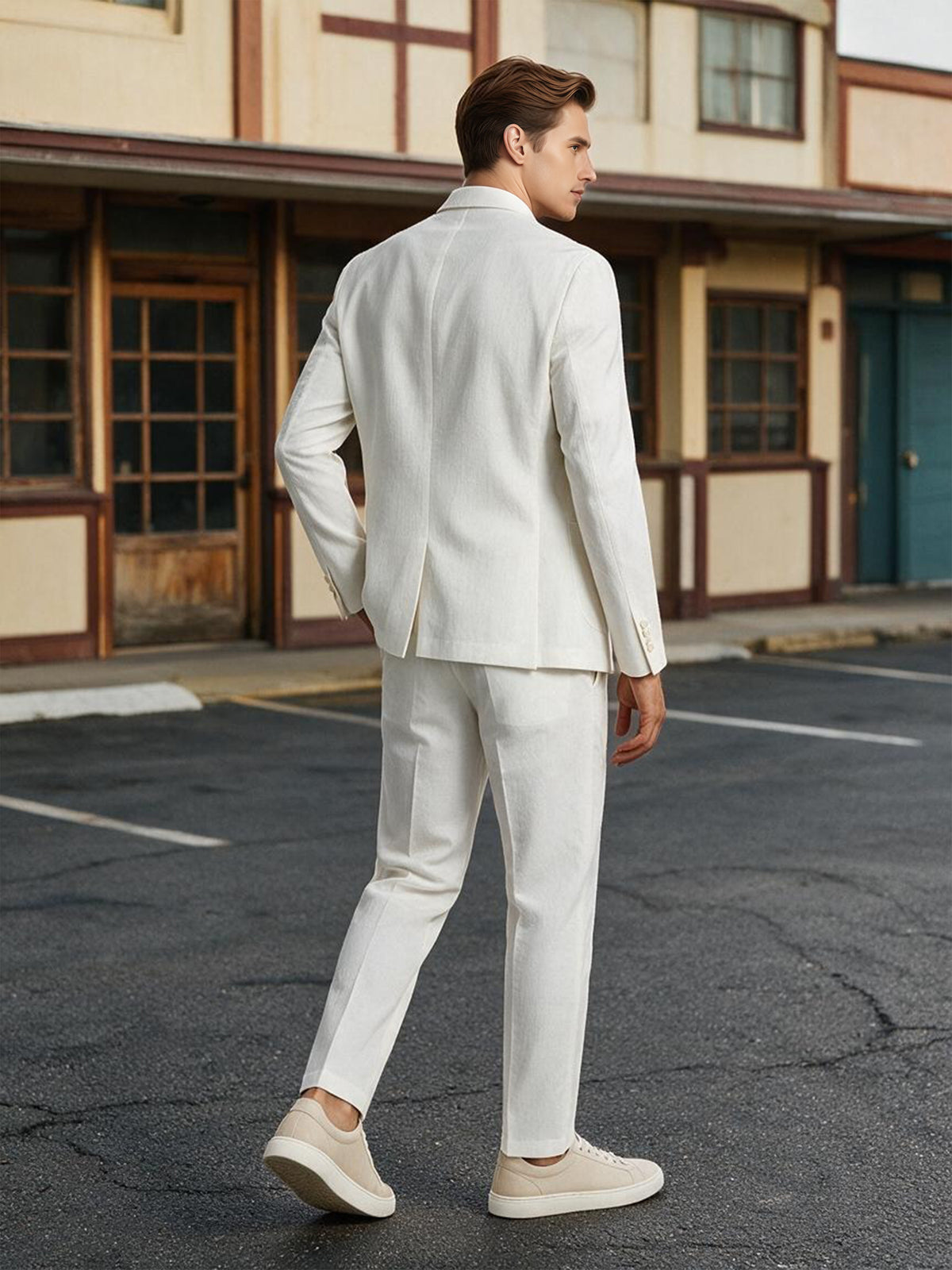 Cicinia Men Slim Fit Ivory Linen Blend Notch Lapel Suit 2 Pieces Groom Casual Suit Set