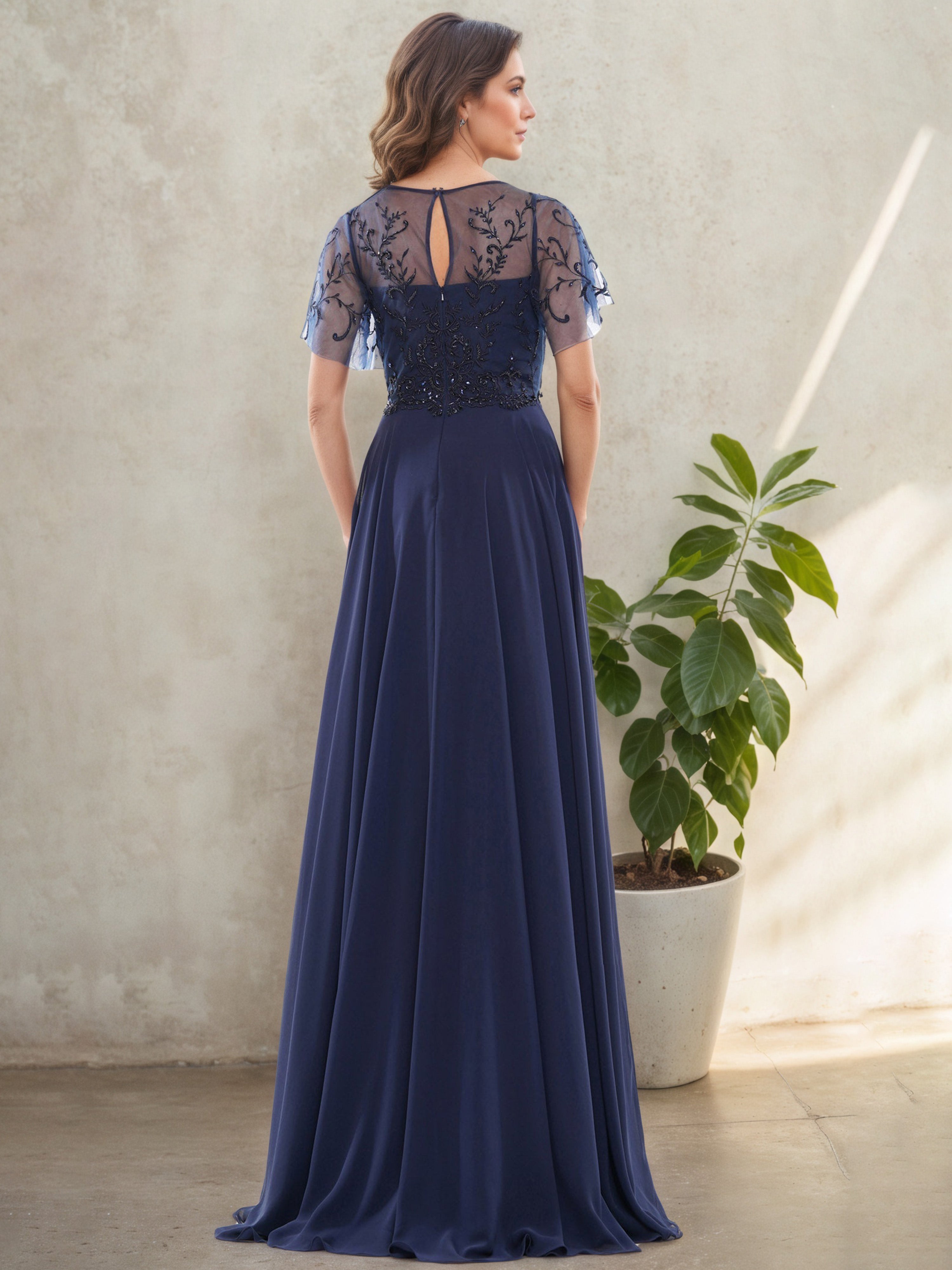 Sheer Neck Navy Blue A-Line Mother Of The Bride Dress
