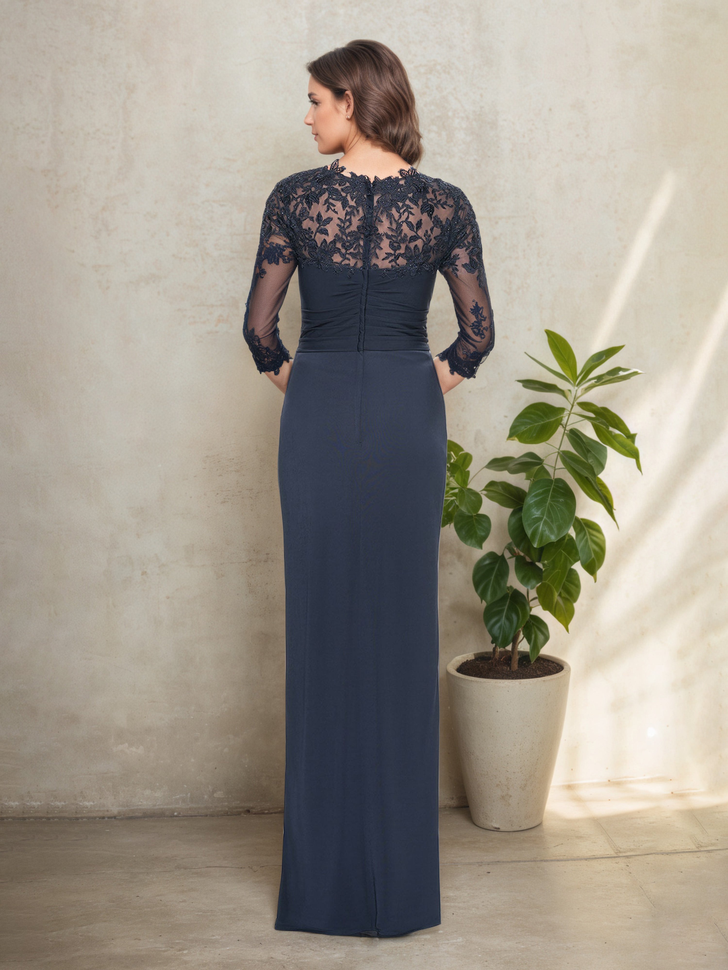 Elegant Lace Square Neck Pleats Mother Of The Bride Dress in Dark Navy