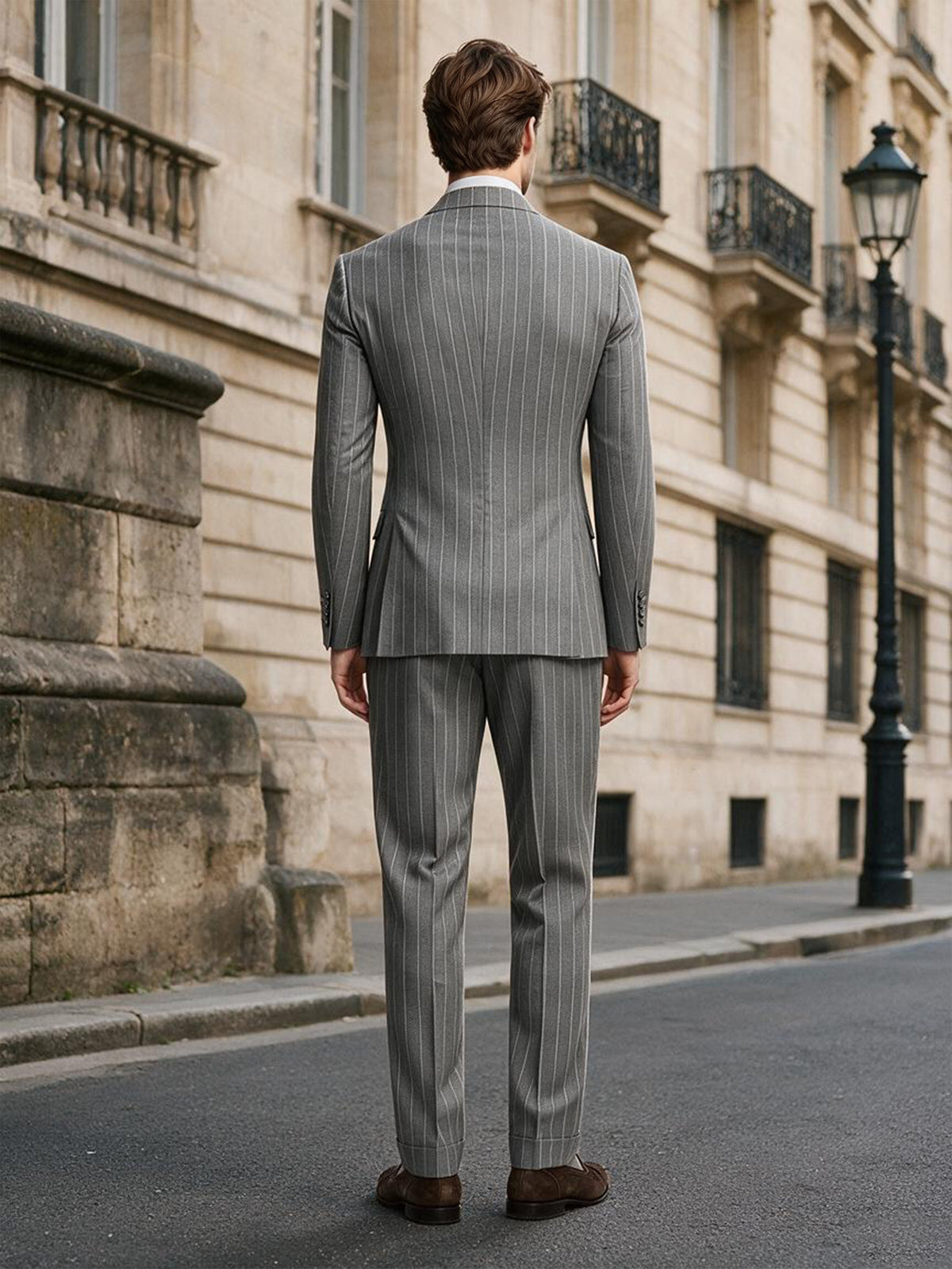 Cicinia Peak Lapel Grey Men's Suits 2 Pieces Stripe Double Breasted Cut