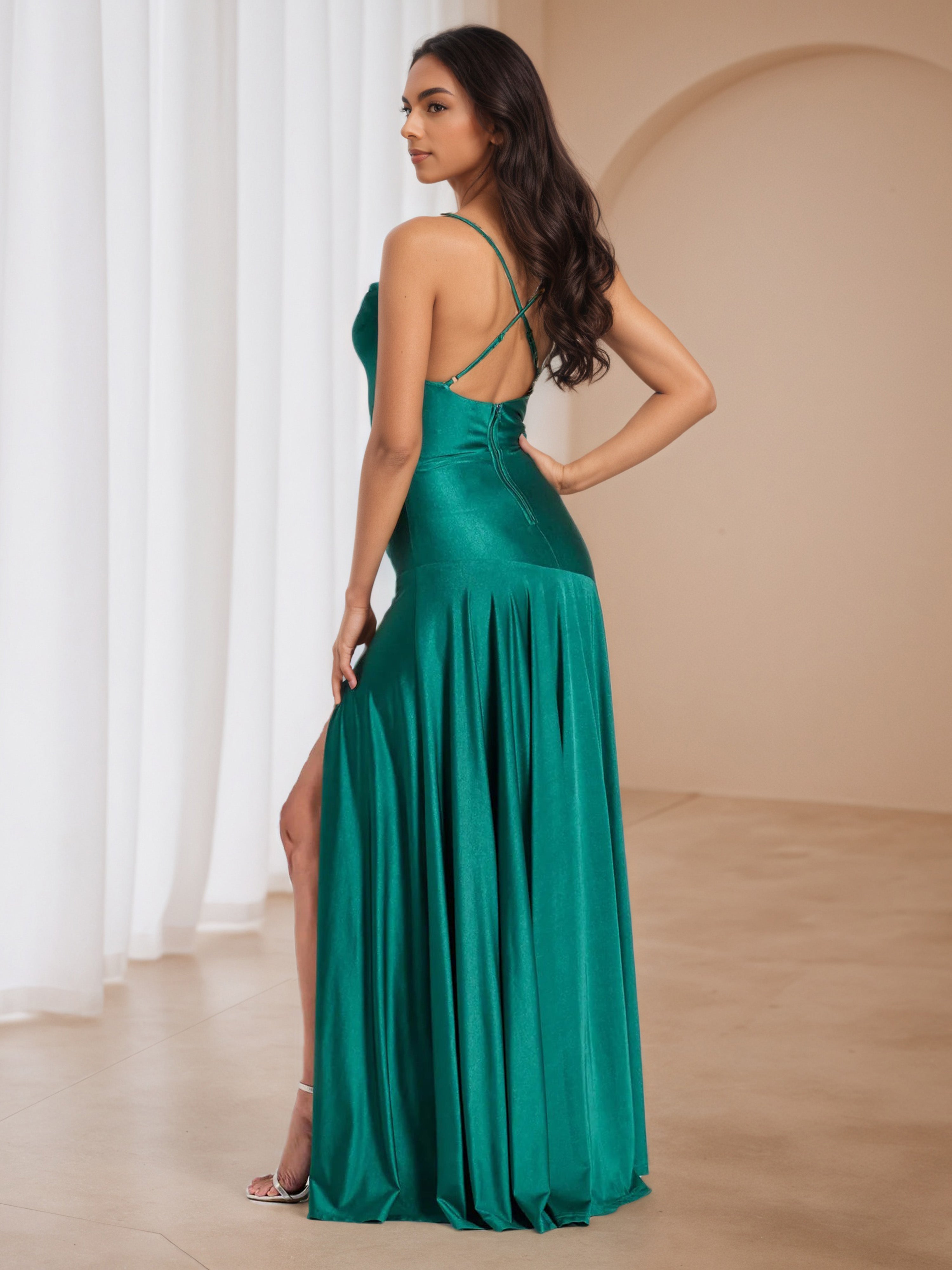 Peacock Sweep/Brush Train Spaghetti Straps Sheath Wedding Guest Dress