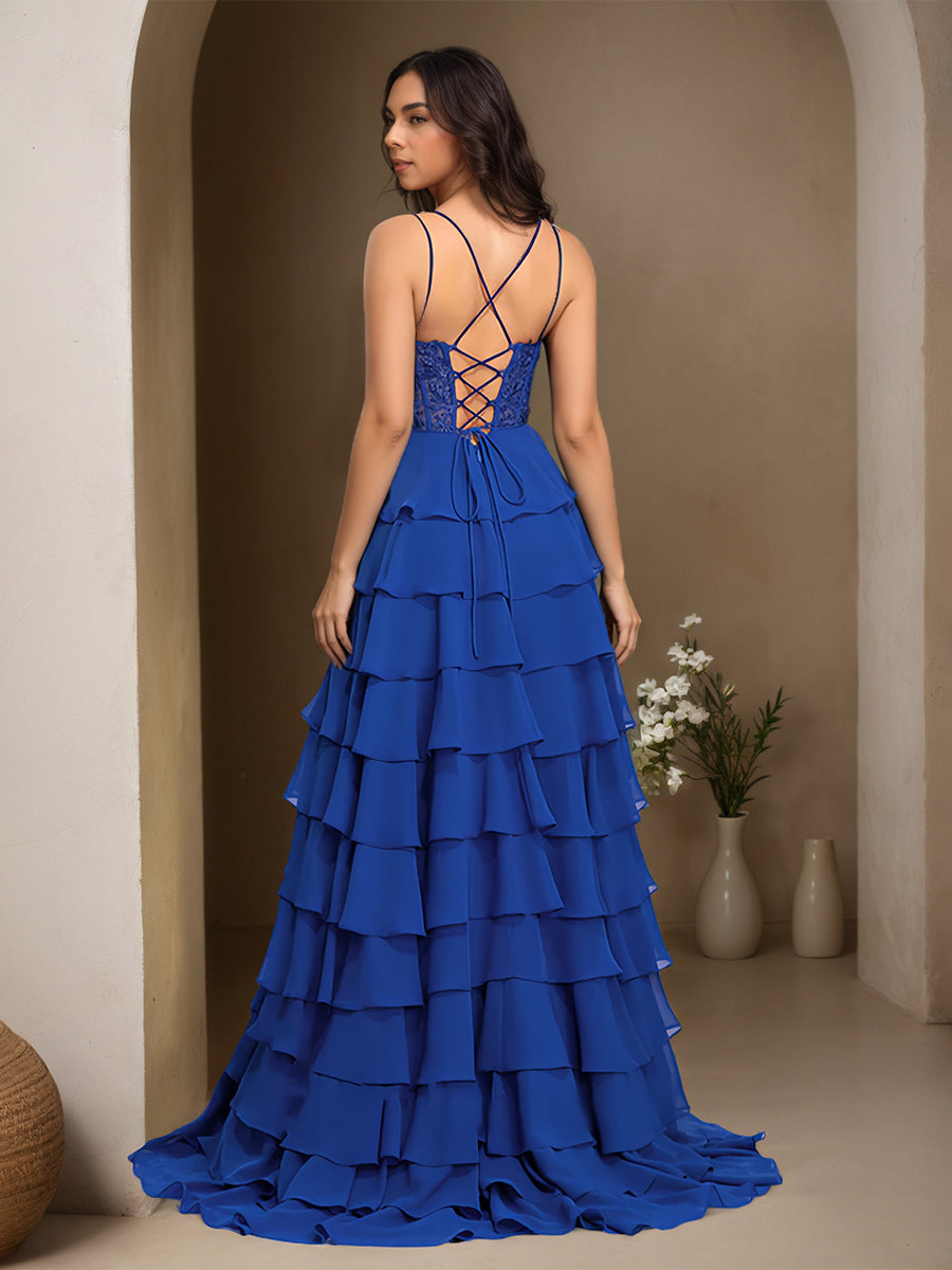 Cicinia Royal Blue Prom Dresses Long Chiffon Appliques Lace A-line Layered Sweep Train