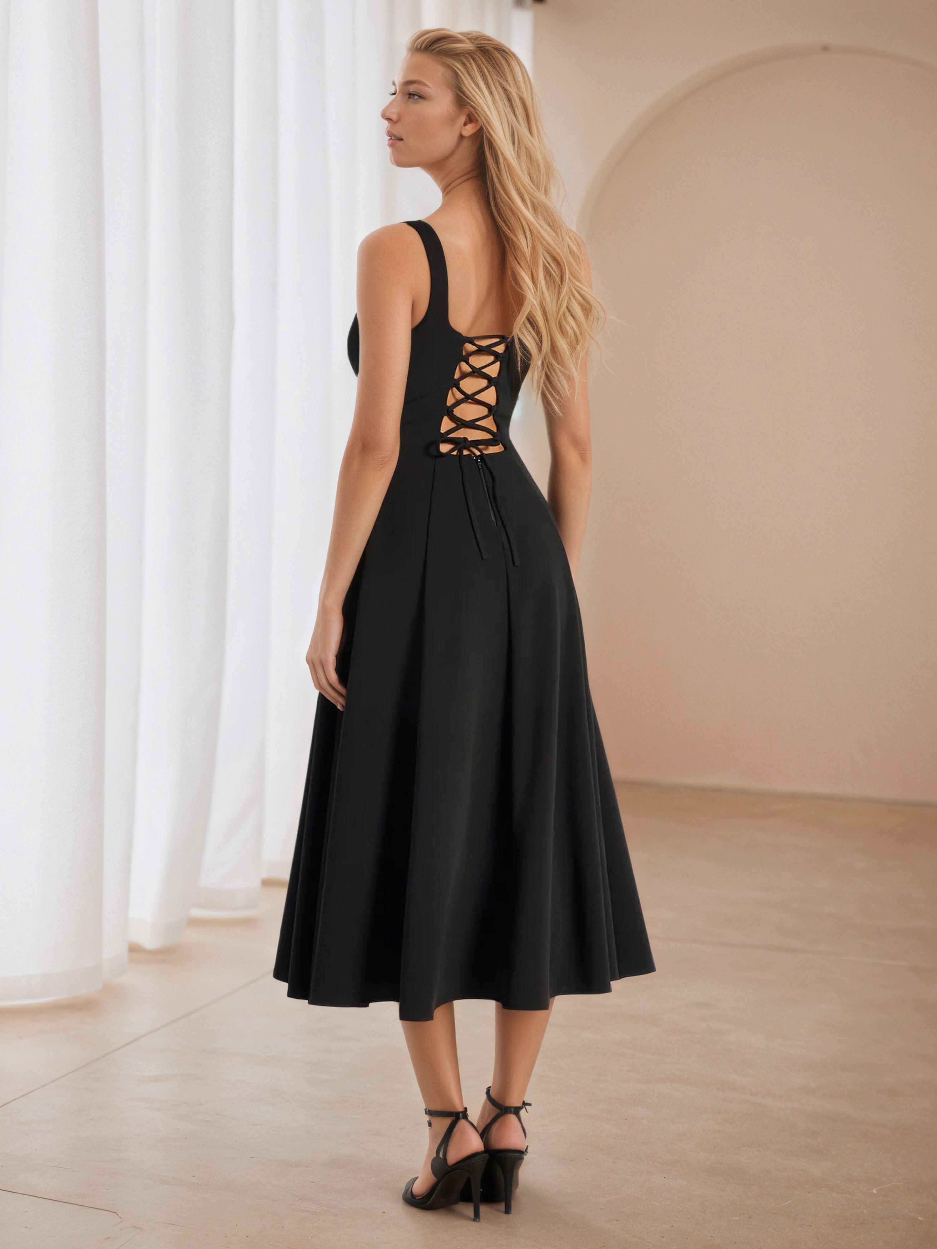 Square Neckline A-Line Tea Length Wedding Guest Dress
