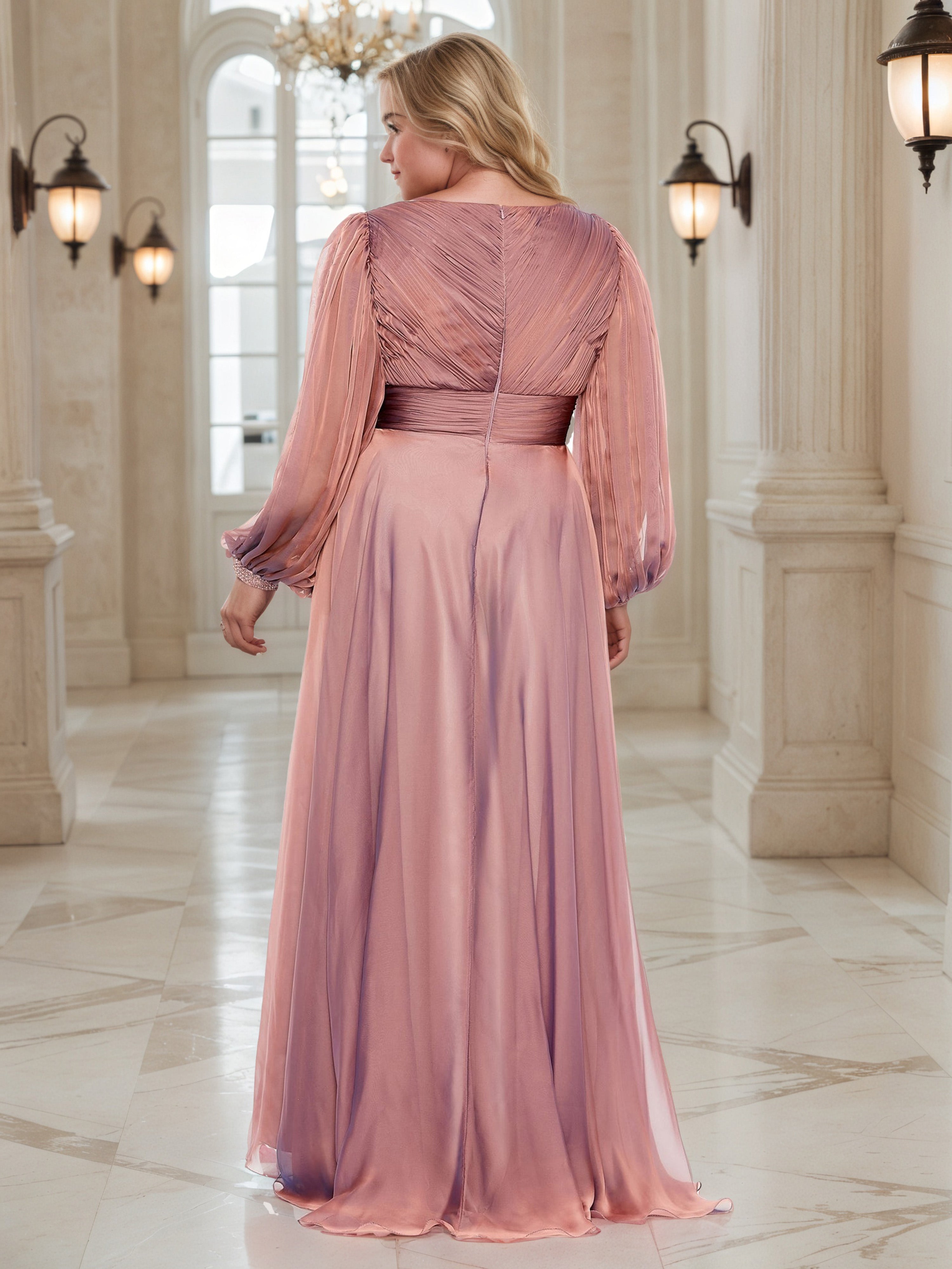 Flowy Long Sleeves Cameo Brown V-neck Plus Size Prom Dress