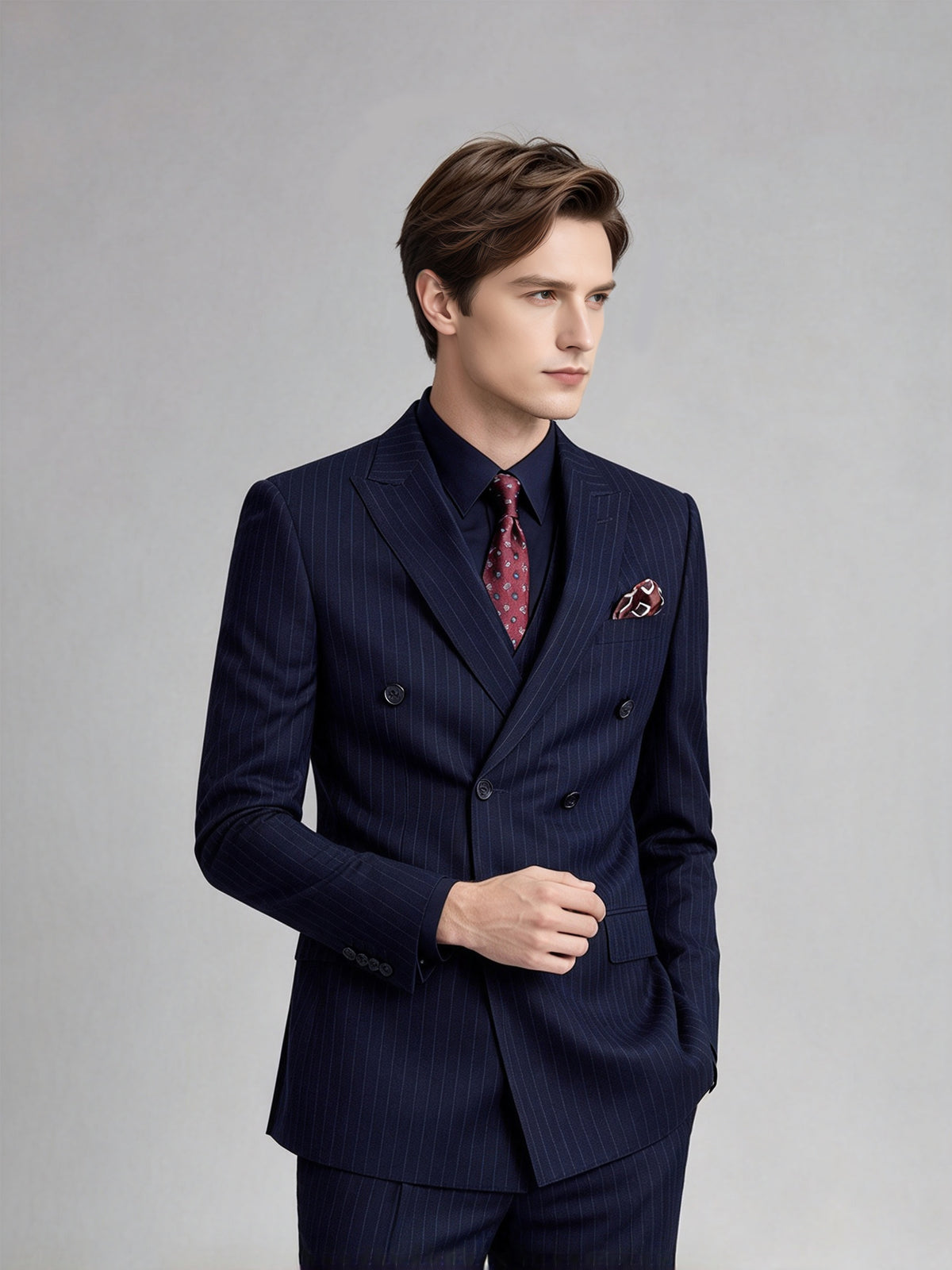 Cicinia Men's Suits Navy Blue Pinstripe 3 Piece Peak Lapel Suit Double Breasted Slim Fit Jacket Vest Straight Trousers