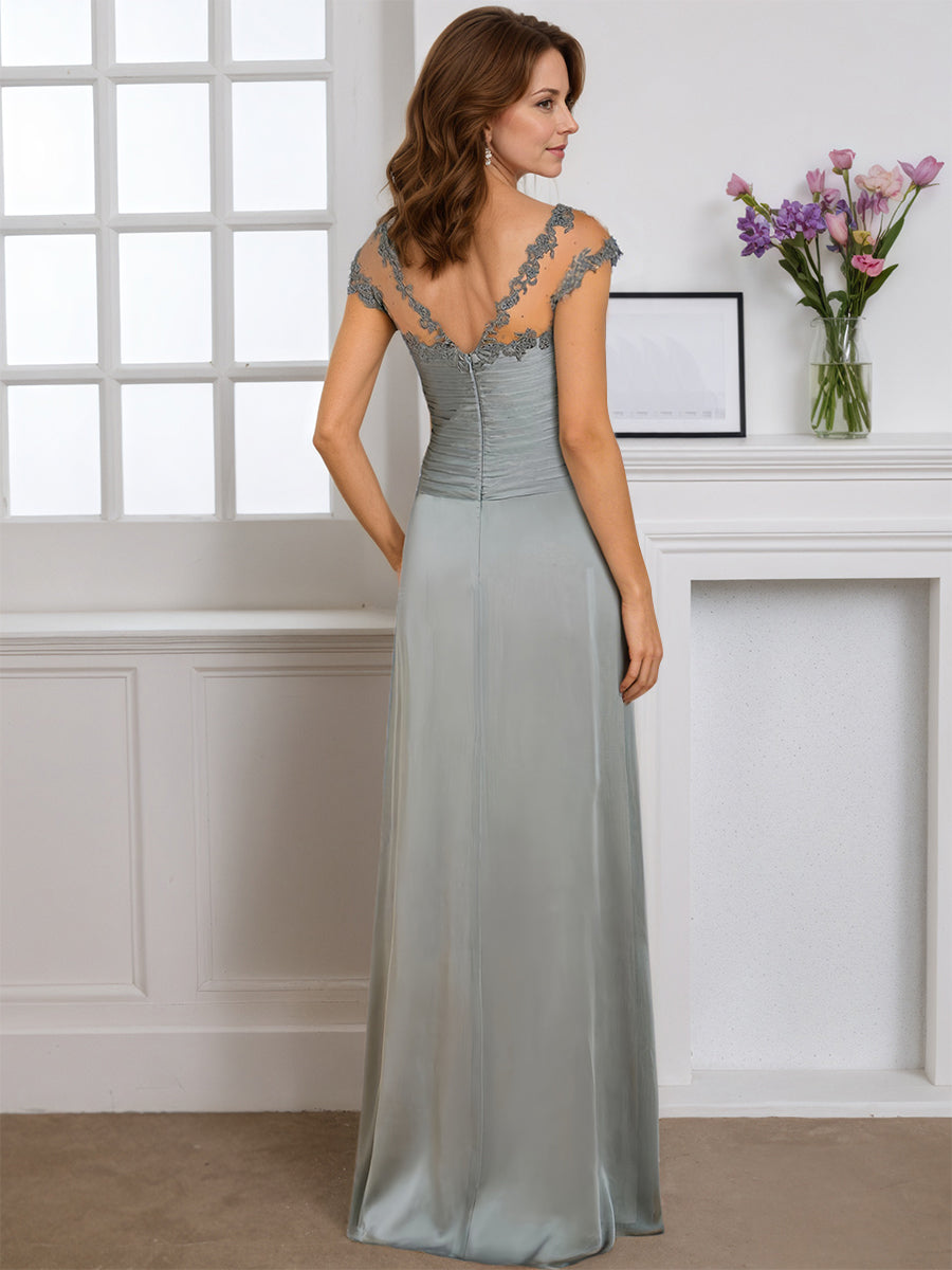 Cicinia Gray Mother Of The Bride Dress Cap Sleeves Long Sheath Floor Length Gowns