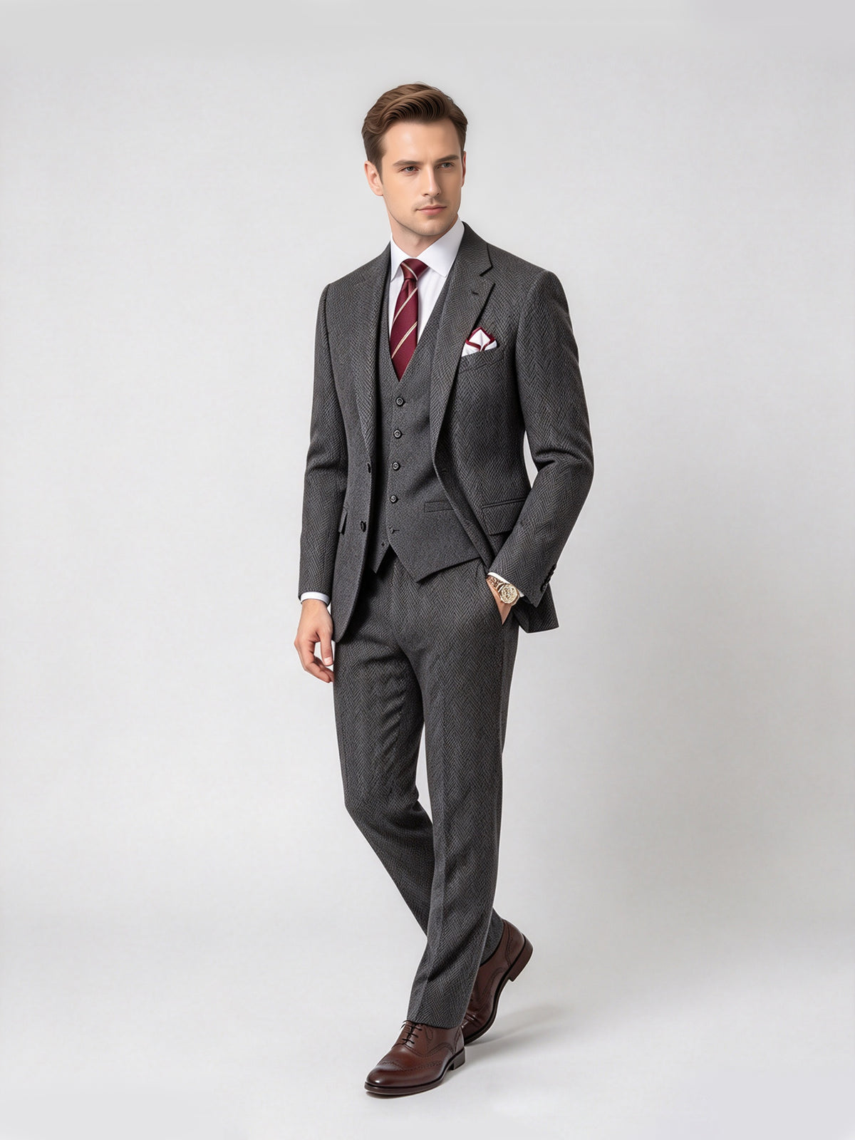 Cicinia Single Breasted Tailored Fit Herringbone 3 Pieces Notch Lapel Grey Men's Suits