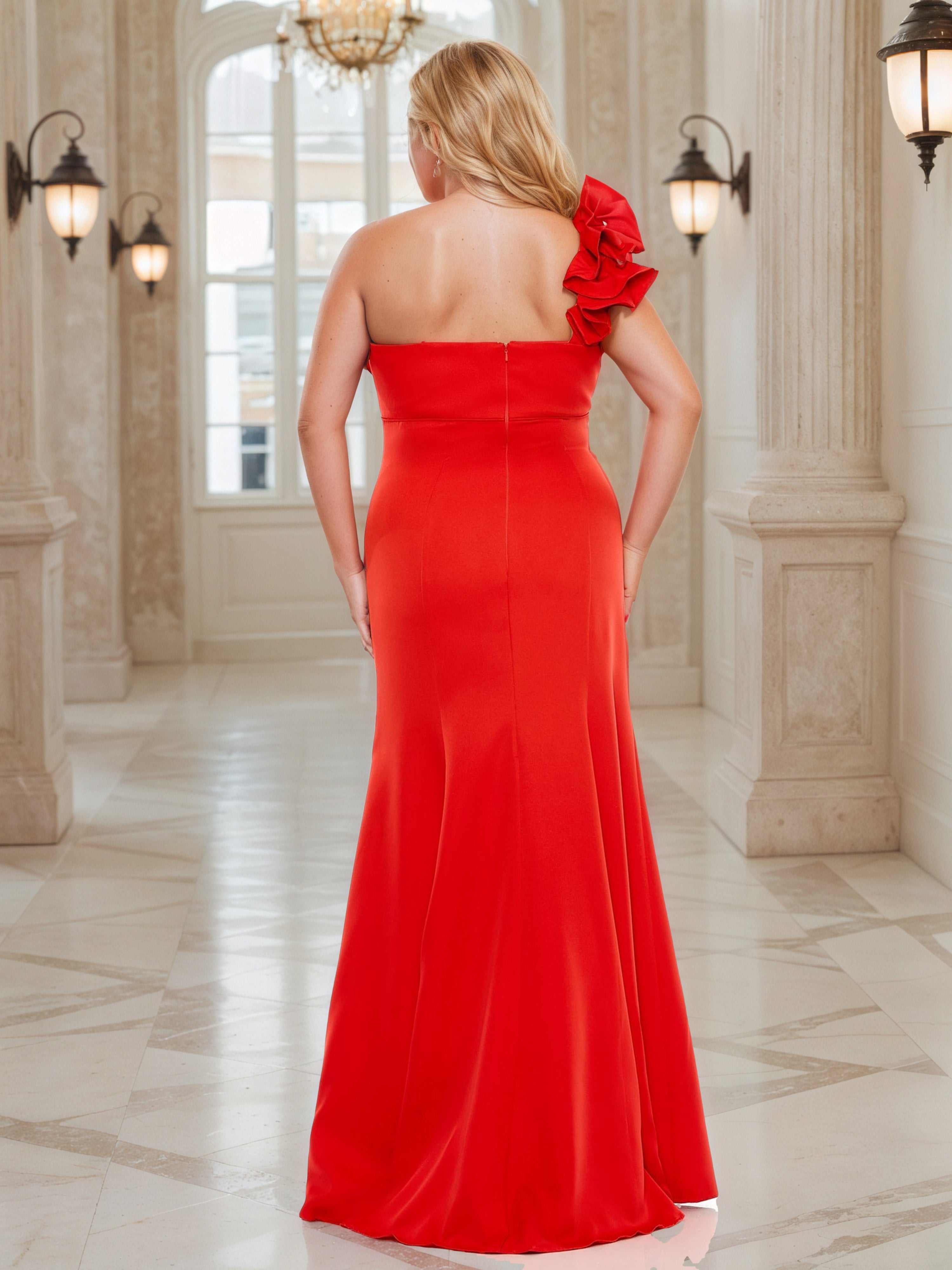 Beauty One Shoulder Sheath Red Plus Size Prom Dress With Ruffles Flower
