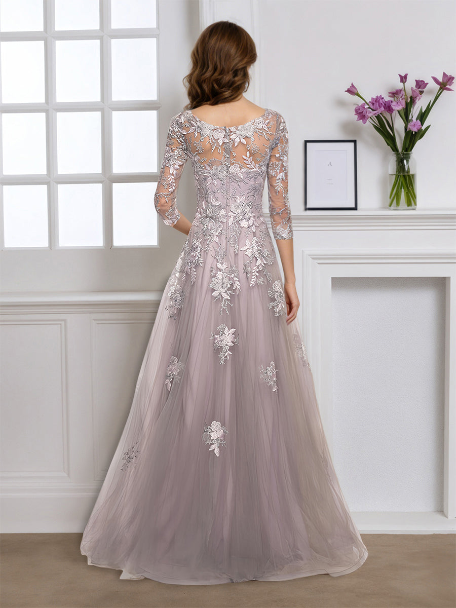 Cicinia Silver Mother Of The Bride Dress With Sleeves Long Tulle Appliques Lace Floor Length