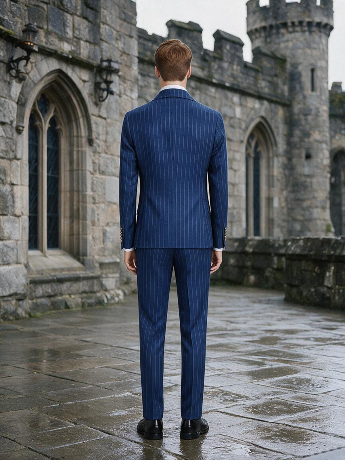 Cicinia Elegant Double Breasted Pinstripe Peak Lapel 2 Pieces Navy Blue Men's Suits