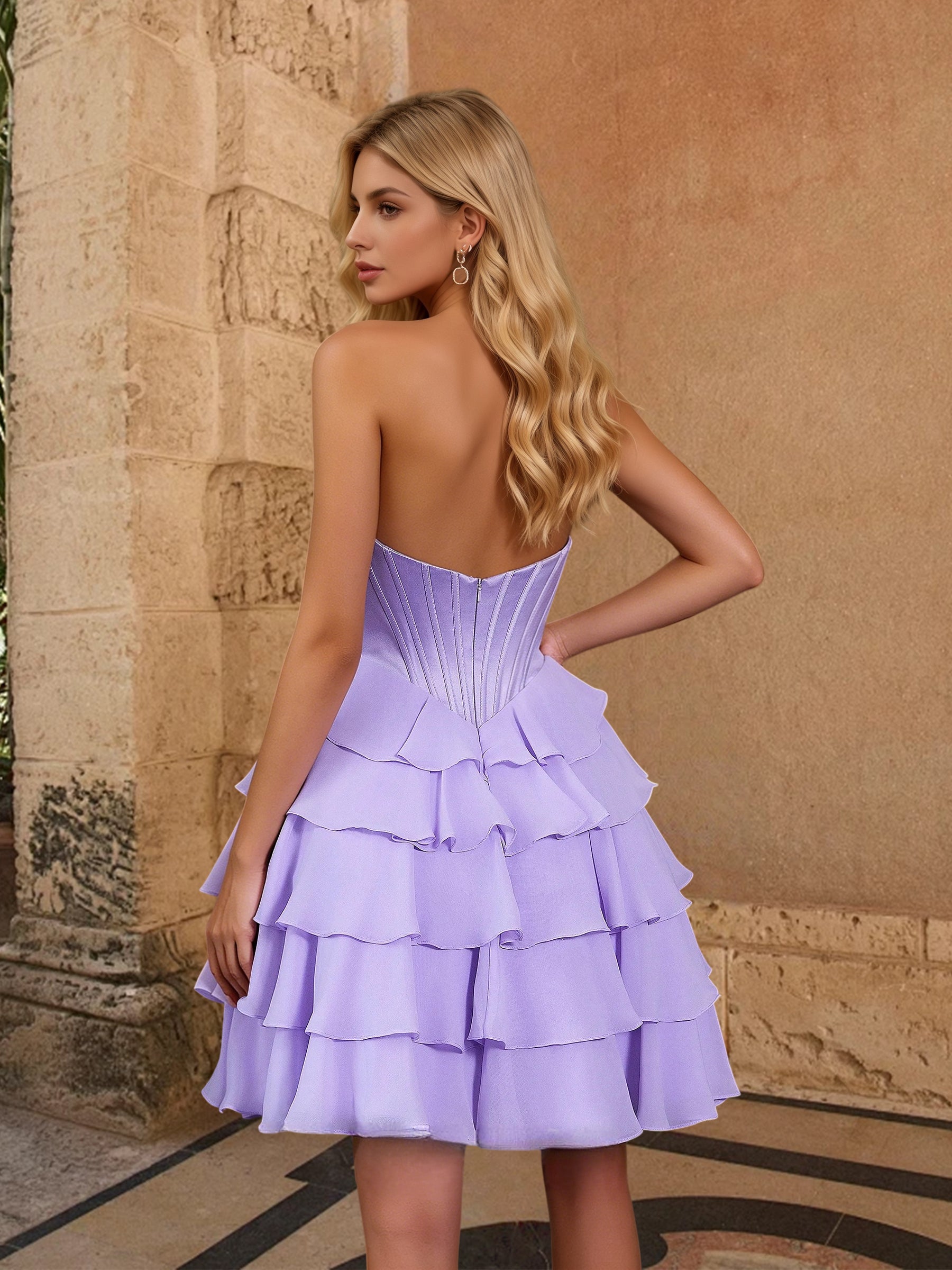 Cicinia Strapless Layered Lilac Homecoming Dresses Short Beaded A-line Mini Length Dress