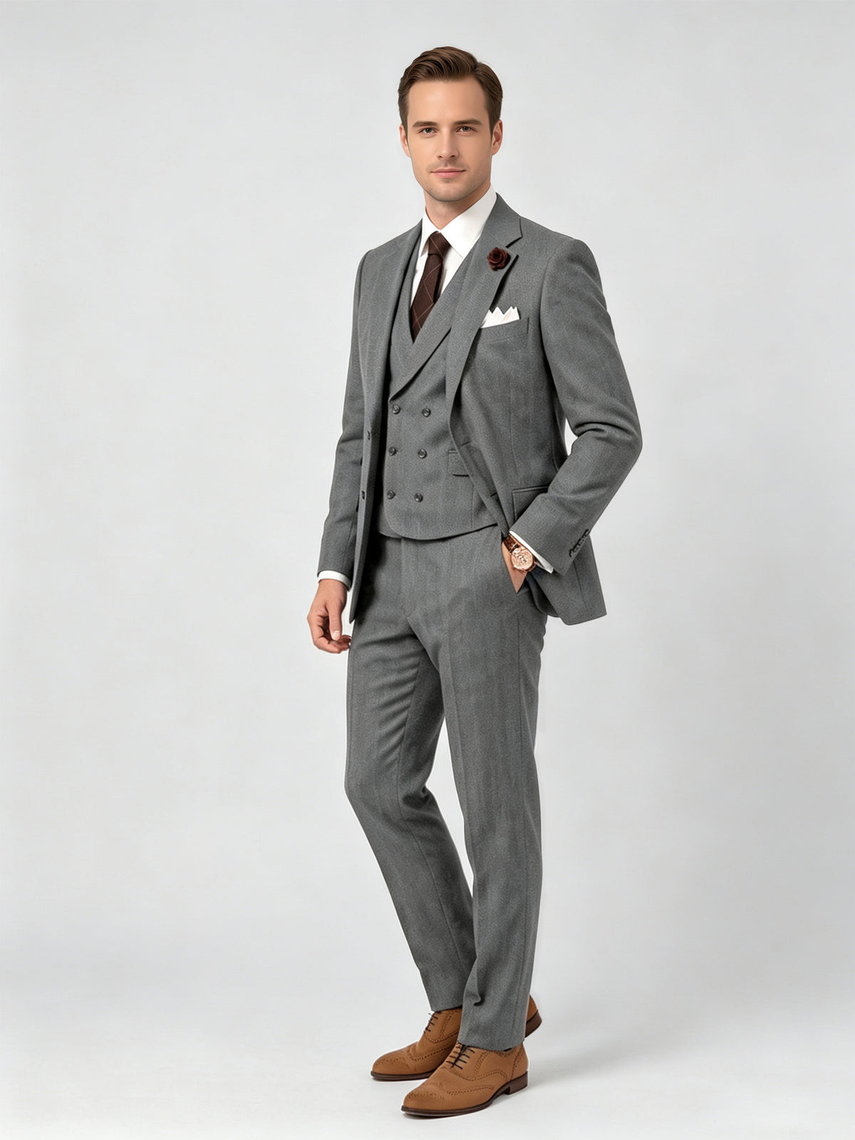 Cicinia Vintage Textured Formal Suit Classic Cut Waistcoat Flap Pocket Jacket Relax Fit Pants Grey Men's Suits