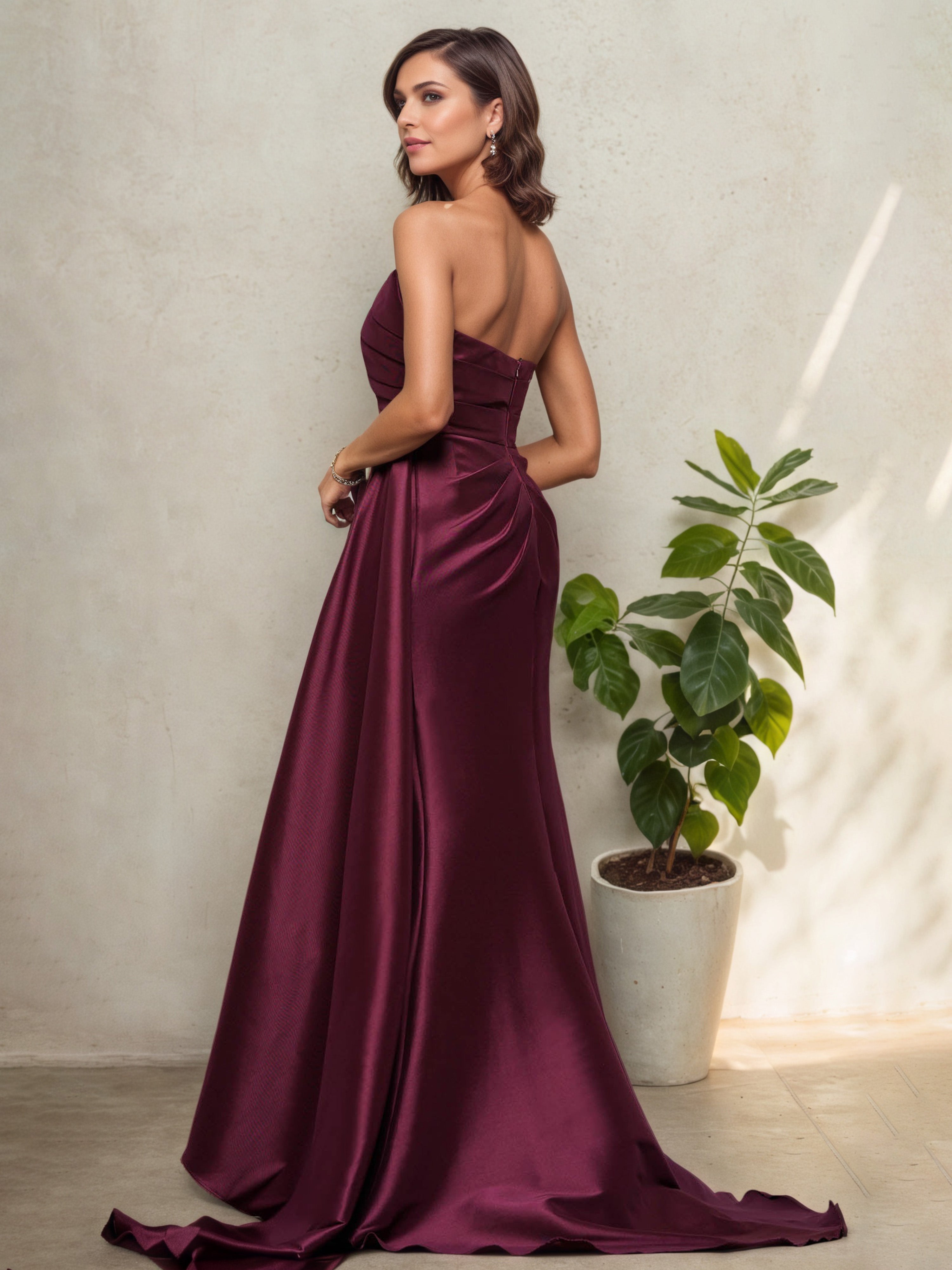 Strapless Sleeveless Pleats Cabernet Mother Of The Bride Dress
