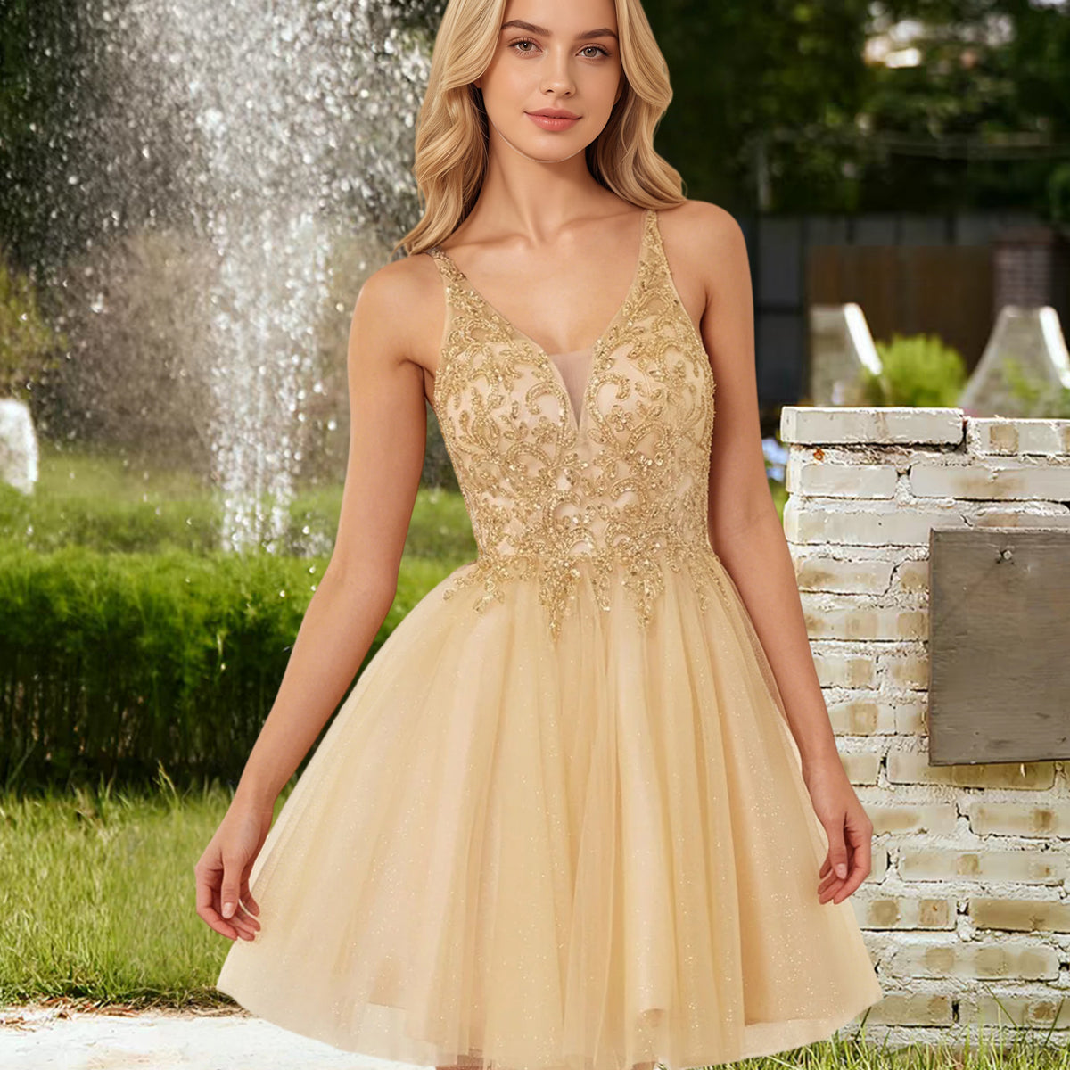 homecoming dresses champaign il Cicinia Champagne Short Glitter Tulle Lace A-Line Spaghetti Straps Mini Dress cocktail parties Color:Noir Green 500-600 Green Pleated High Neck