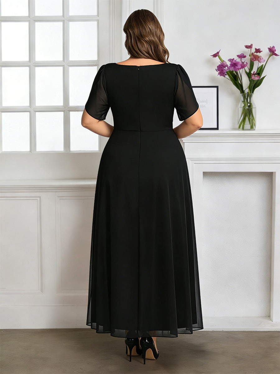 Cicinia Plus Size Black Mother Of The Bride Dress Long Chiffon A-line Ankle Length Short Sleeves V-neck