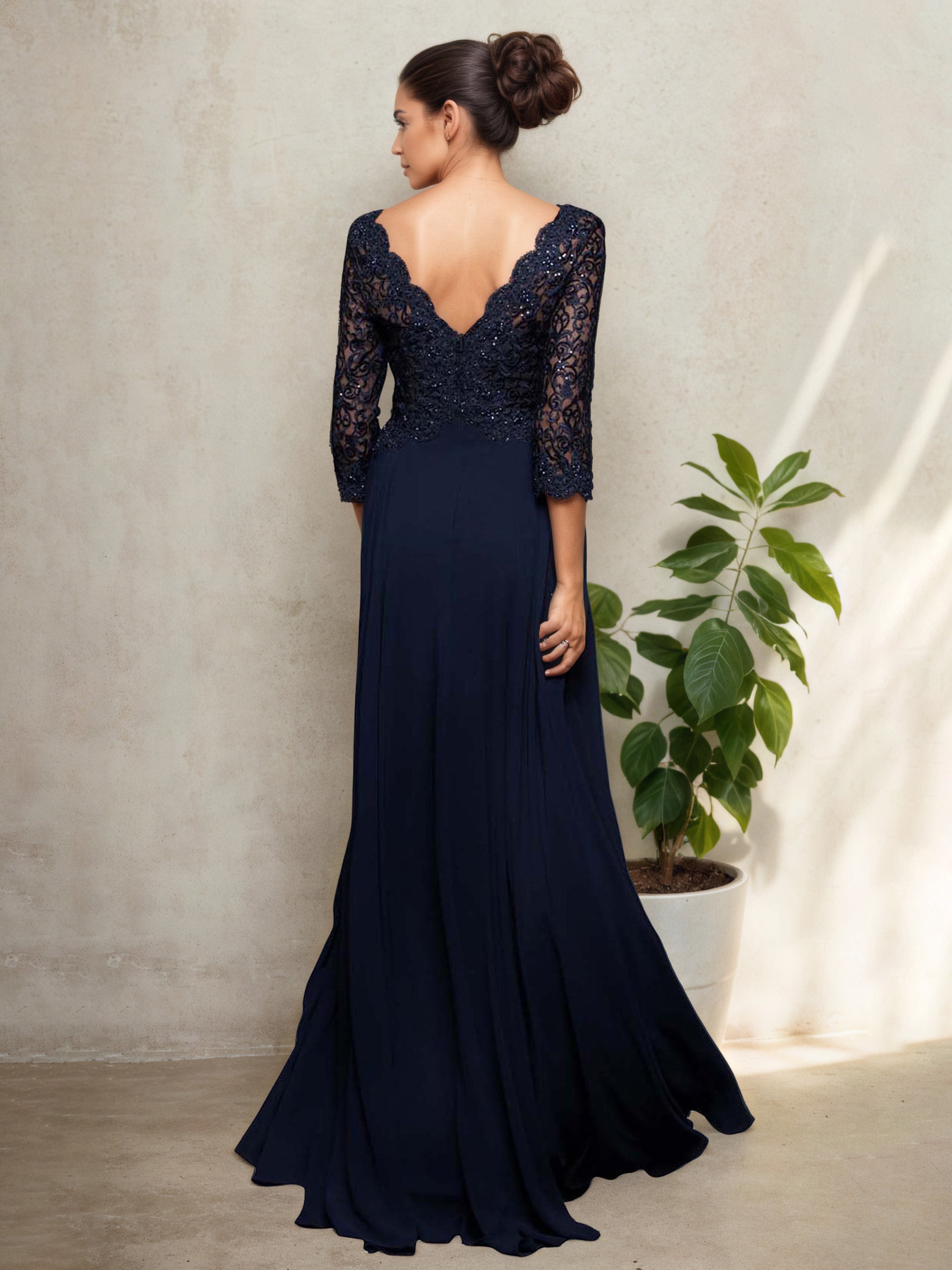 Lace Bodice V-Neck 3/4 Sleeves Long Mother Of The Bride Dress Dark Navy Dress