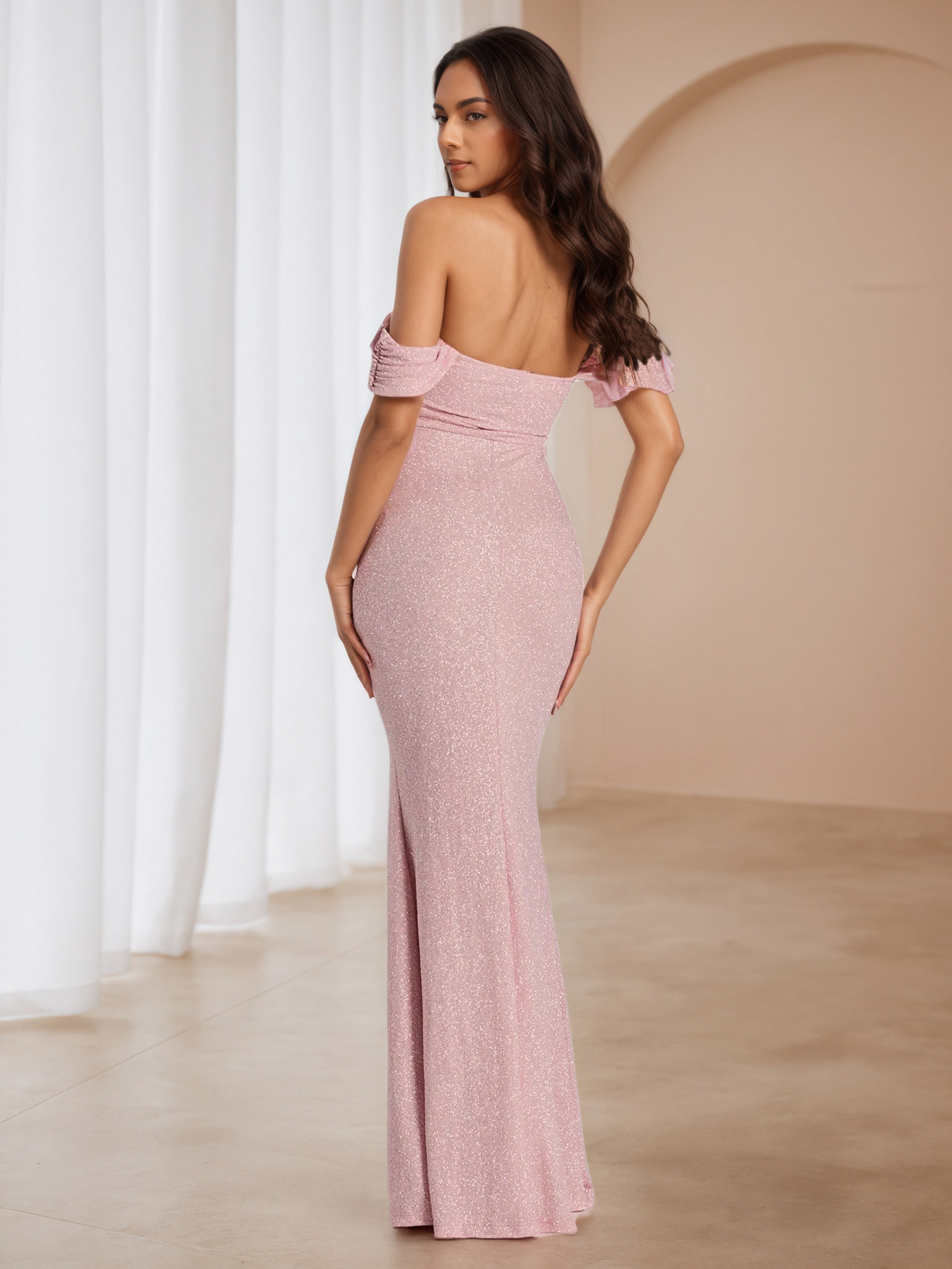 Off The Shoulder Blushing Pink Trumpet/Mermaid Wedding Guest Dress