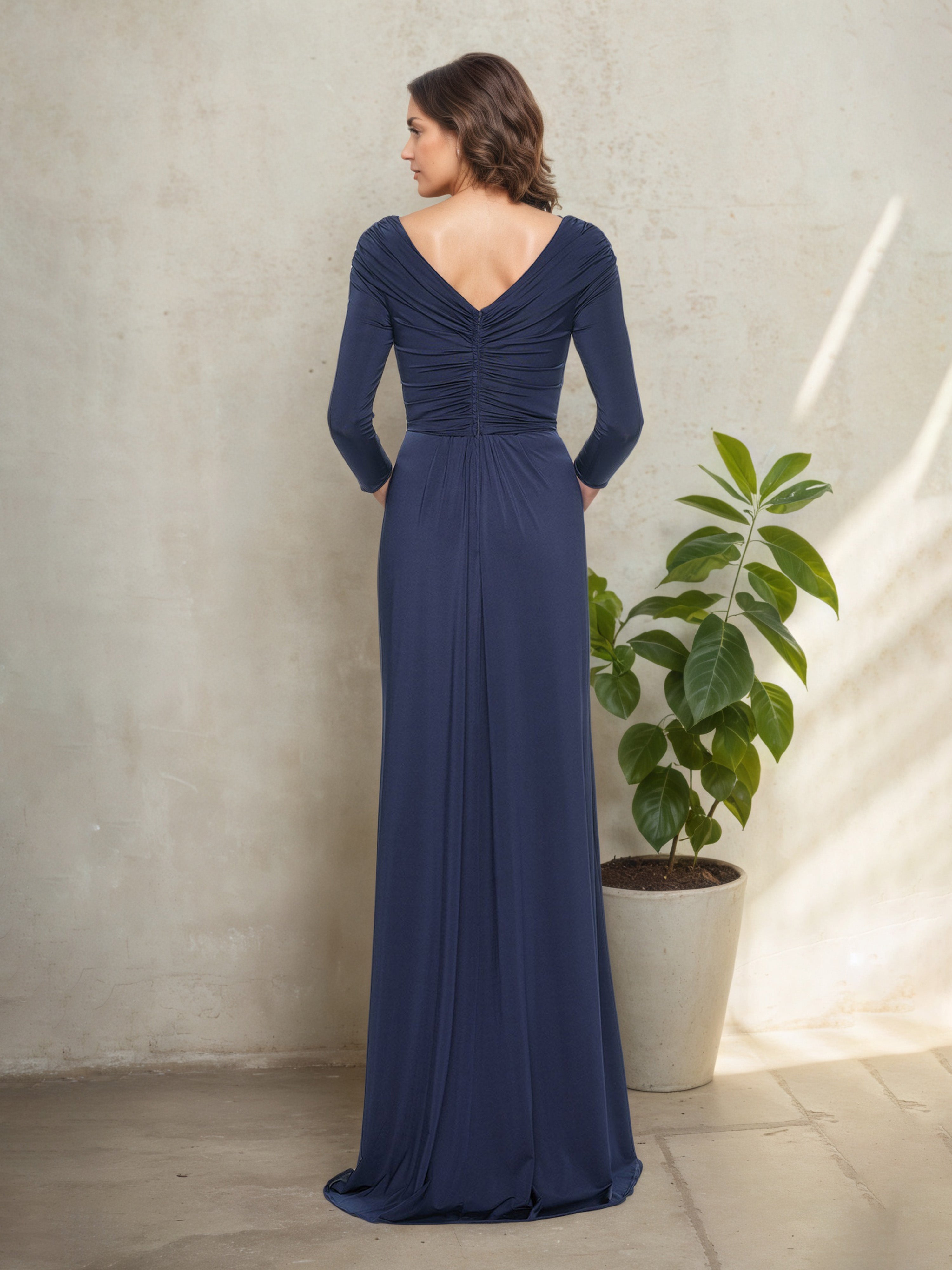 3/4 Sleeves Navy Blue Pleats V-Neck Mother Of The Bride Dress with Ruffle Side
