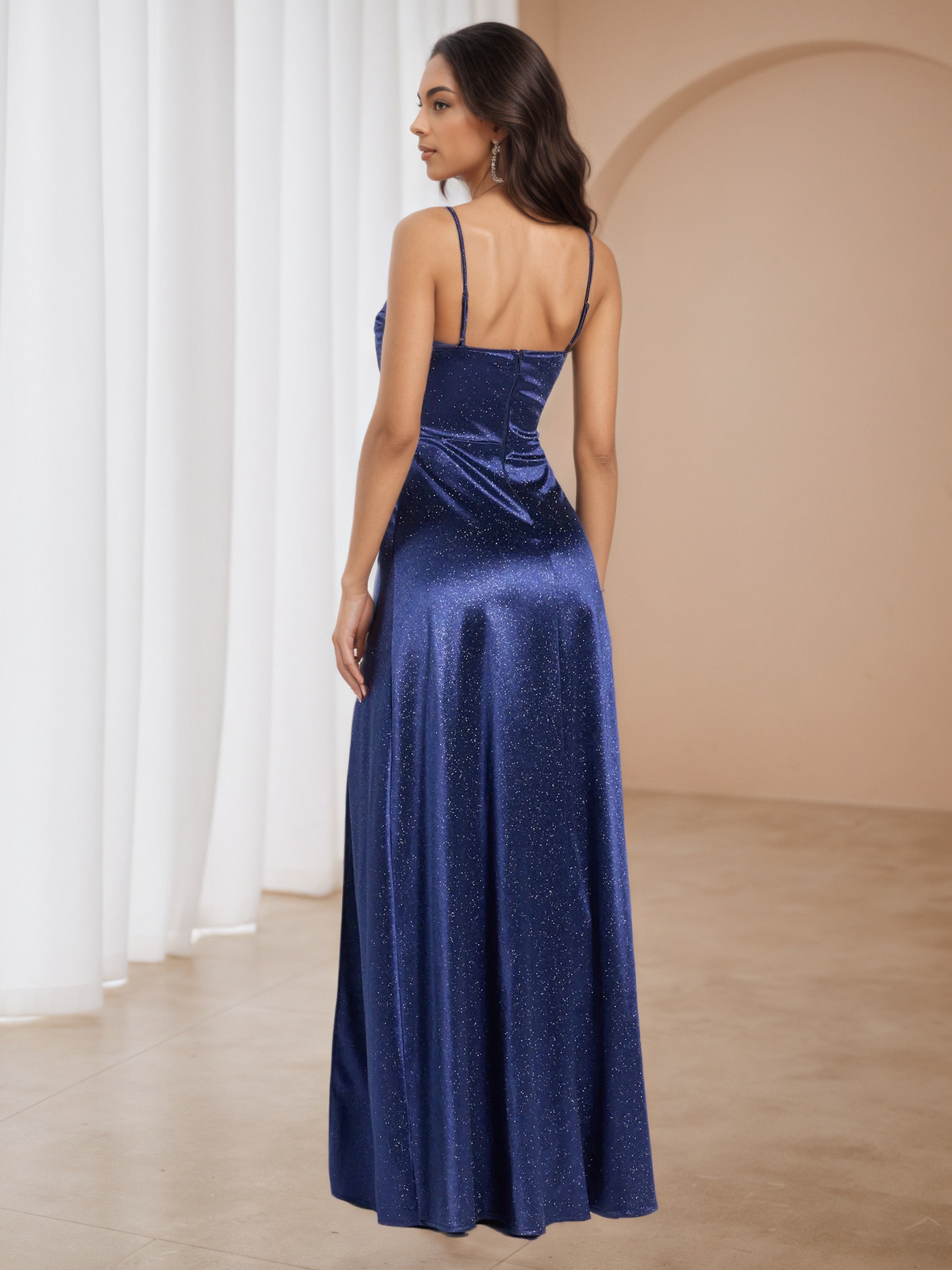 Glitter Navy Blue Spaghetti Straps A-line Long Wedding Guest Dress