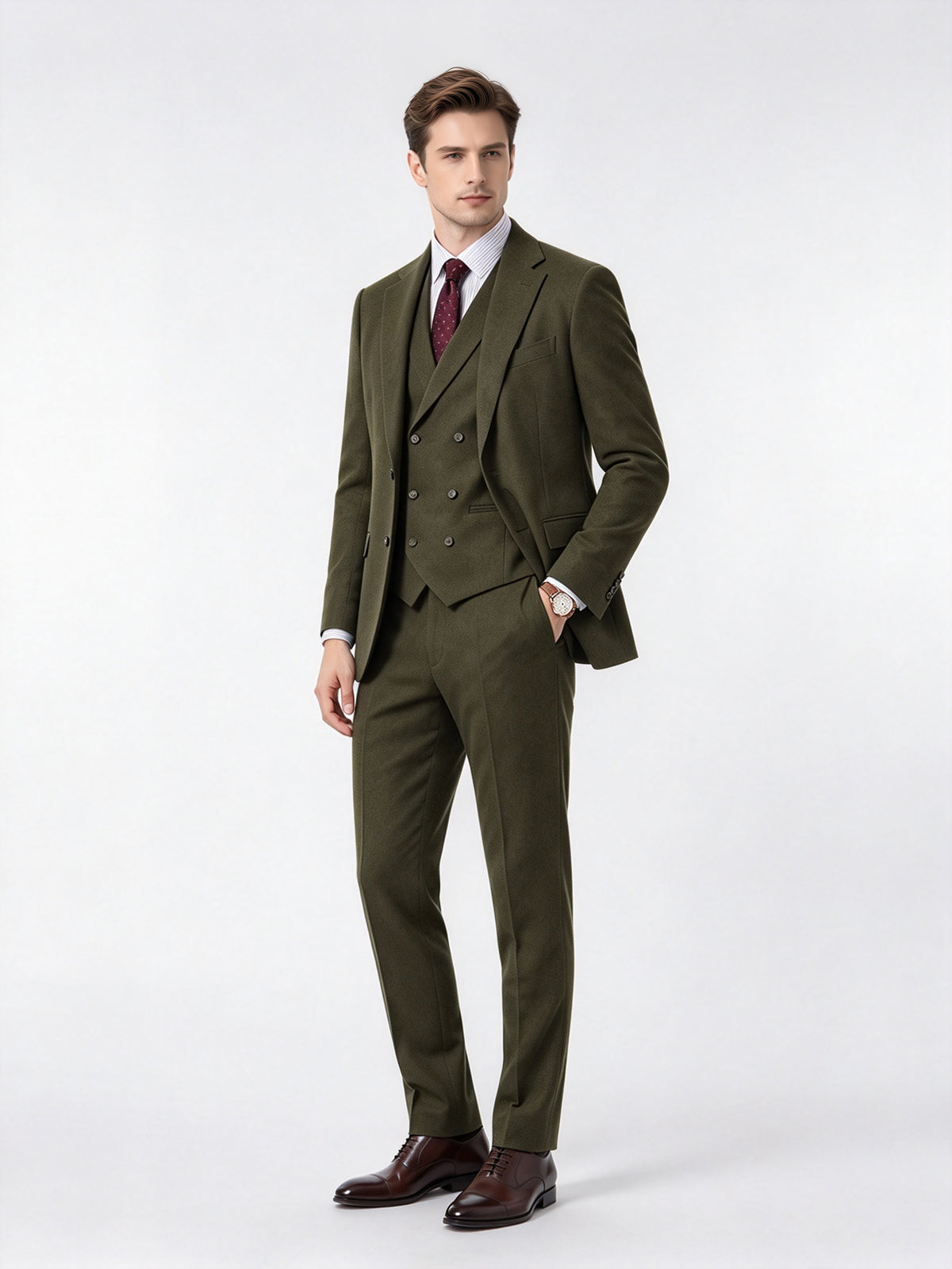 Cicinia 3 Pieces Olive Green Men's Suits Notch Lapel  Double Breasted Jacket Double Breasted Waistcoat Straight Leg Trousers Suit