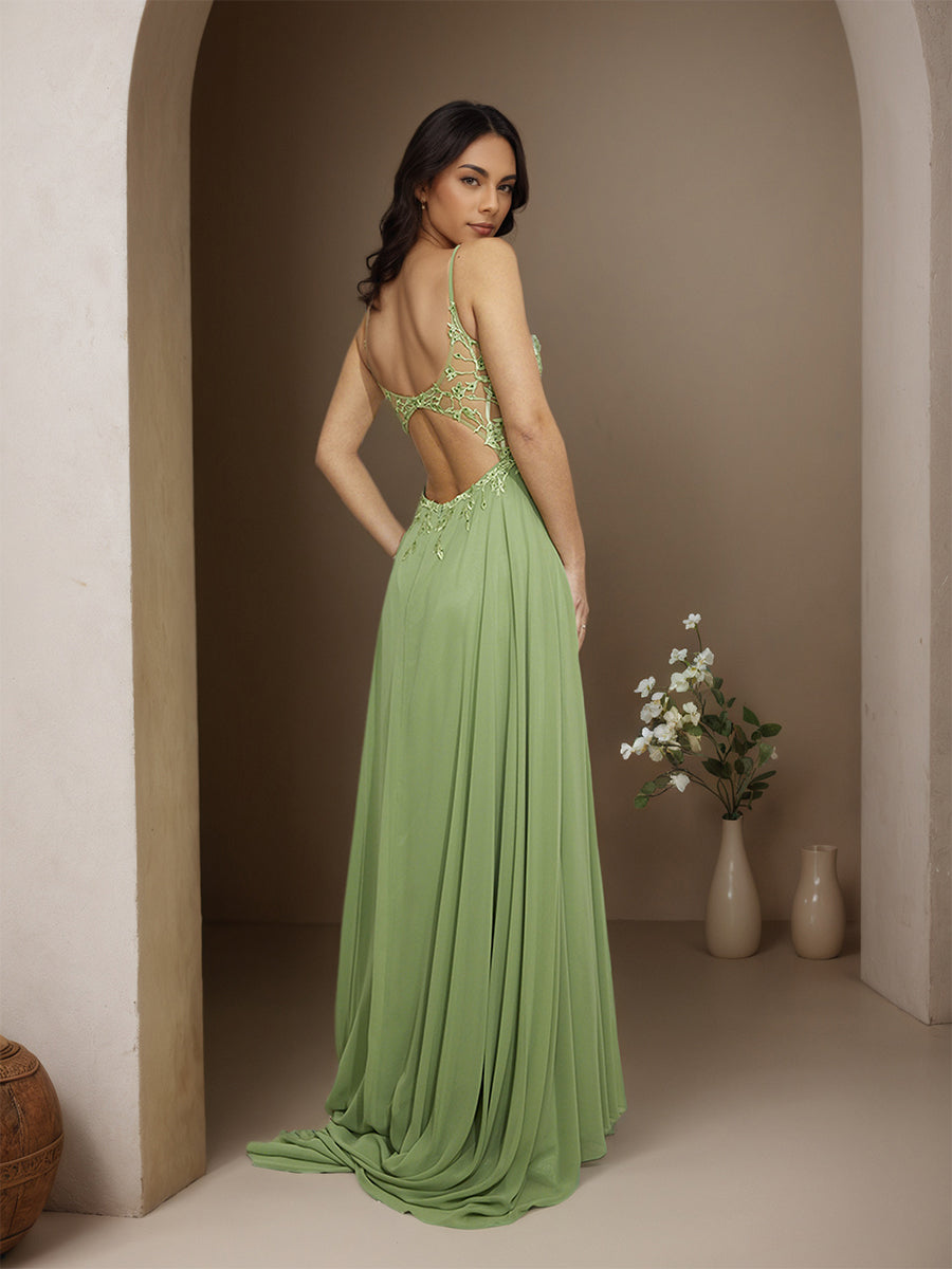 Cicinia Dusty Sage Prom Dresses Long Chiffon A-line Appliques Lace Sweep Train Party Dress