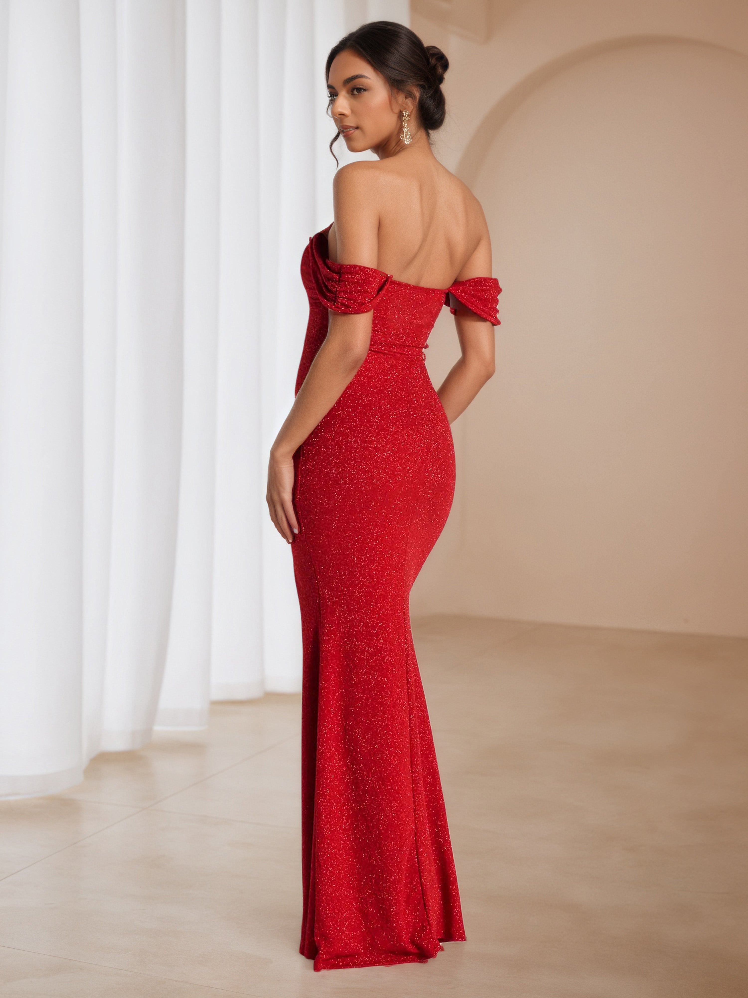 Glitter Red Off The Shoulder Sweetheart Trumpet/Mermaid Wedding Guest Dress