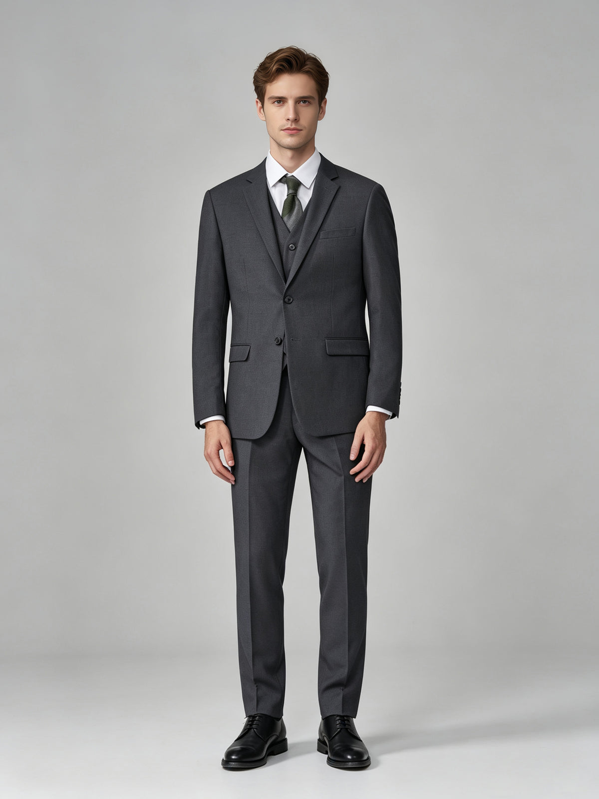 Cicinia Notch Lapel 3 Pieces Suit Two Button Jacket V Neck Vest Straight Leg Trousers Steel Grey Men's Suits