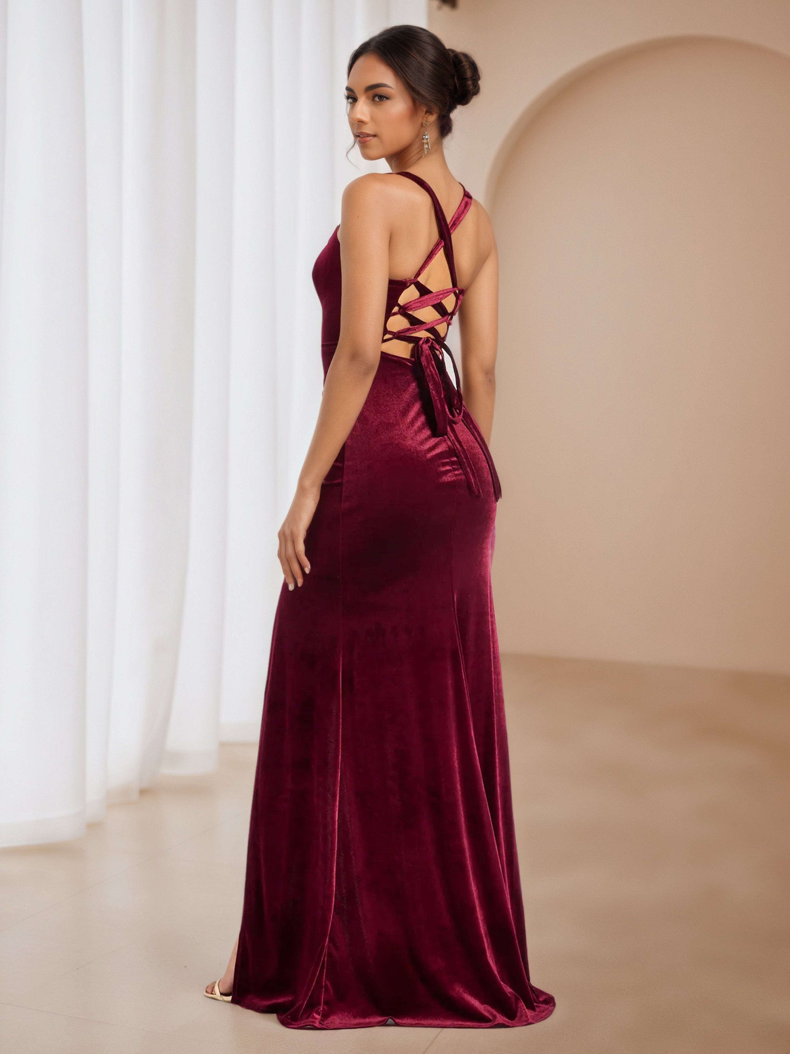 Velvet Burgundy Square Neck Wedding Guest Dress