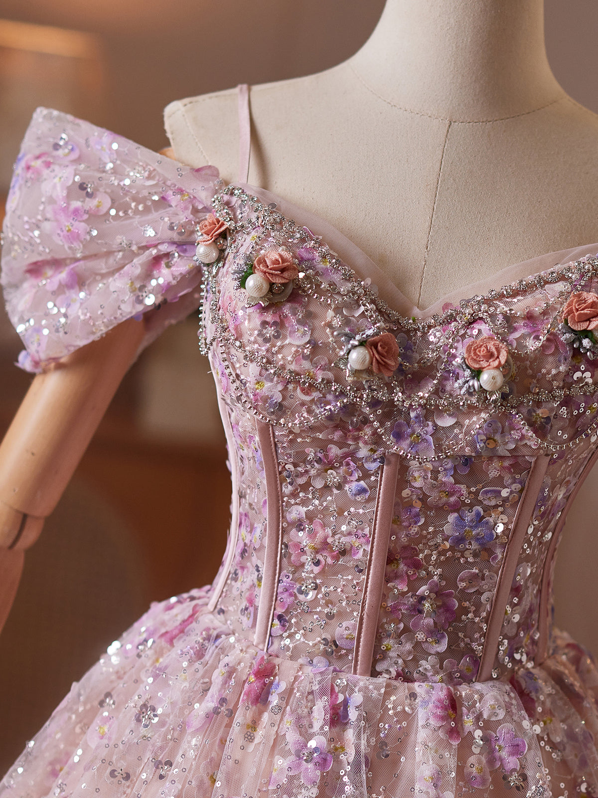 Cicinia Sequined Floral Tulle Pink Homecoming Dresses Short A-line Off The Shoulder Mini Dress