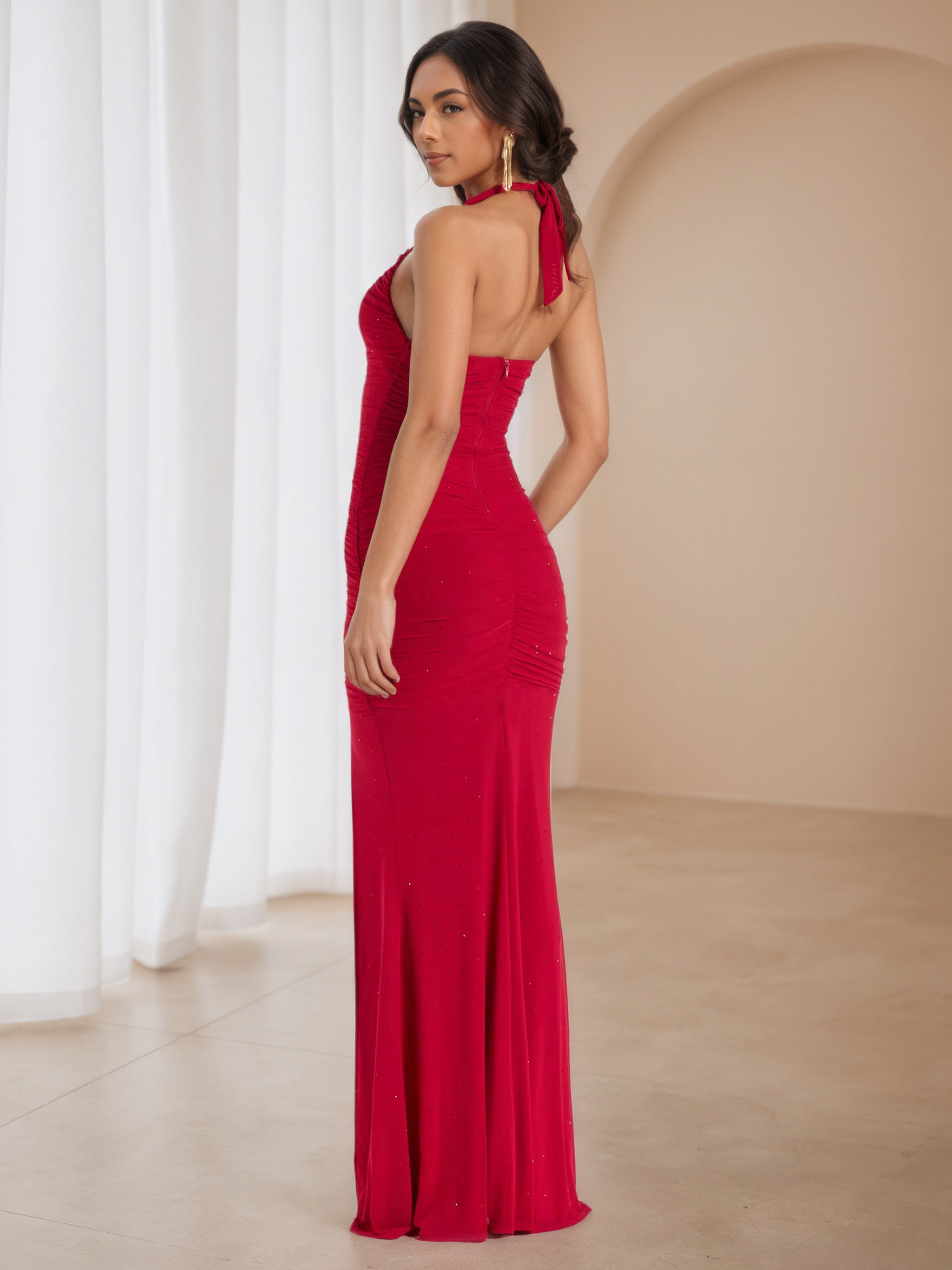 Asymmetrical Red Halter Wedding Guest Dress