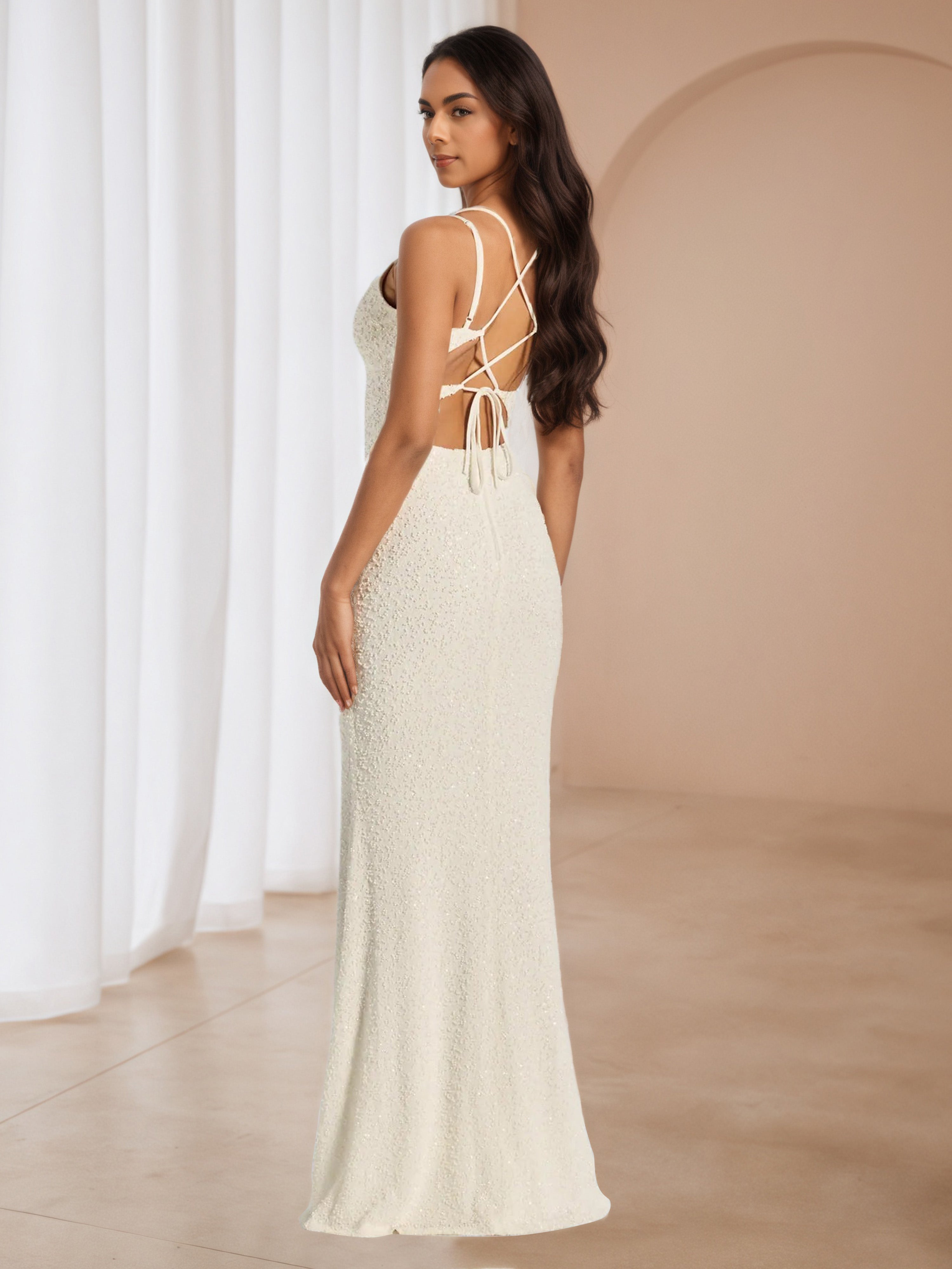 Sheath/Column Ivory V-Neck Square Neck Long Wedding Guest Dress