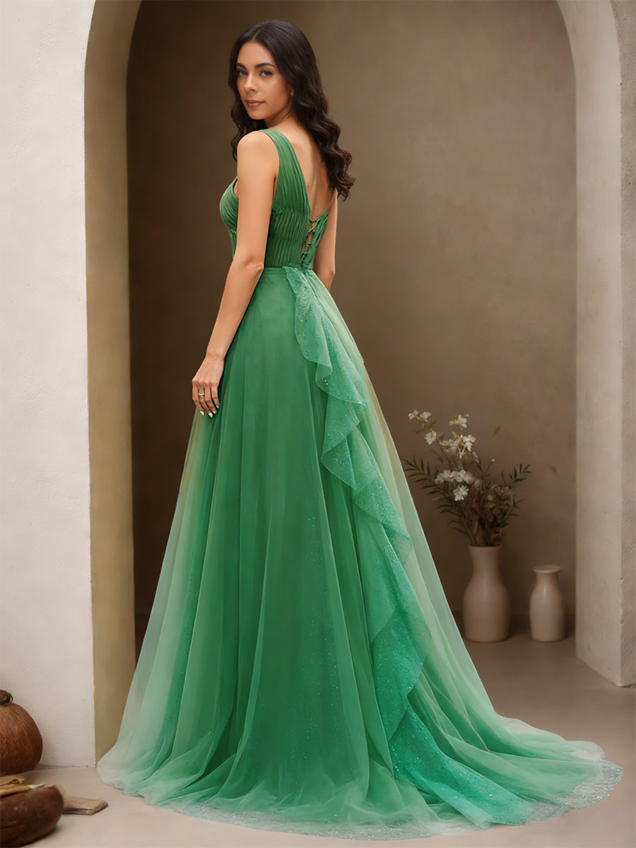 Cicinia Green Prom Dresses Long Tulle A-line One Shoulder Sweep Train Gowns With Slit