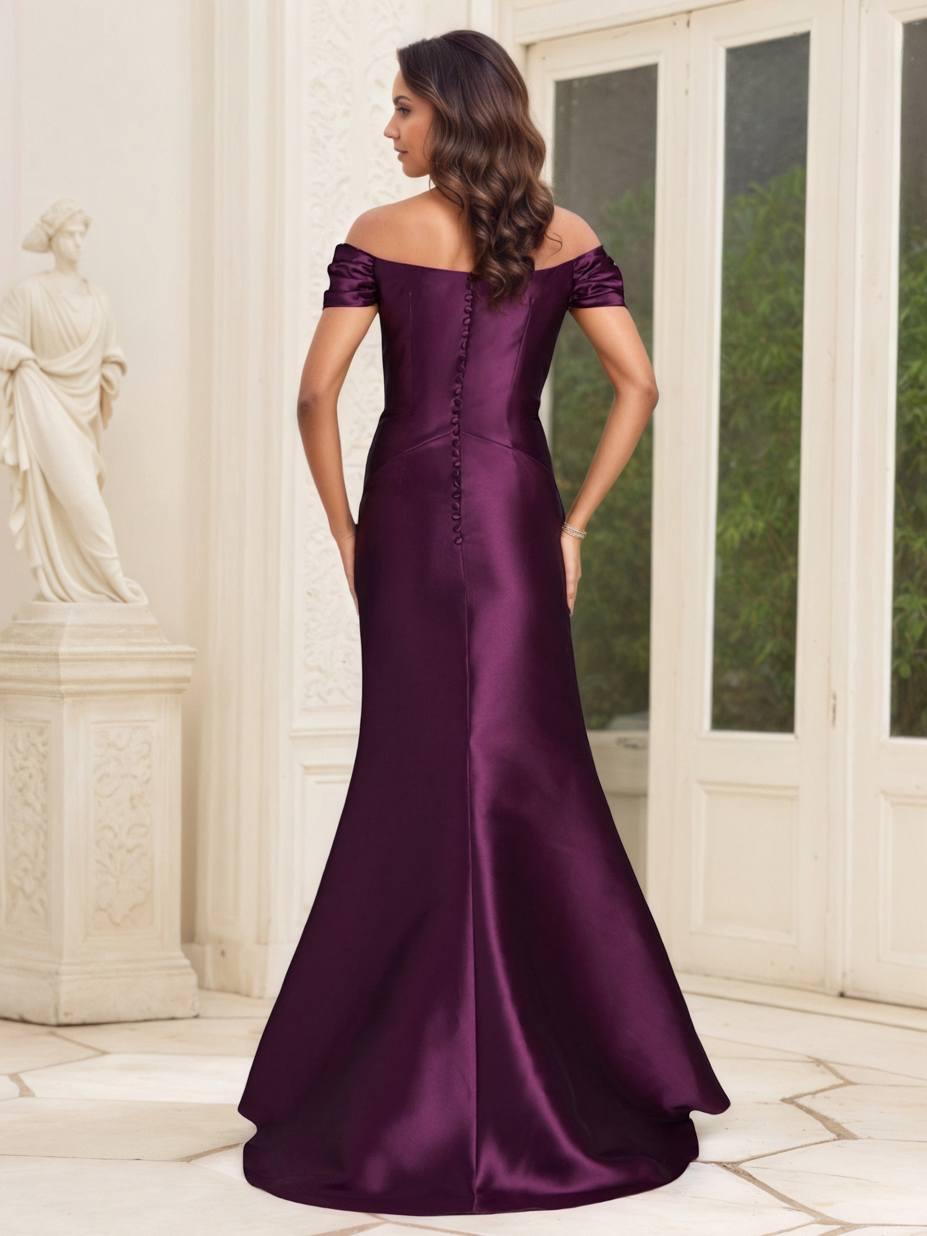 Off The Shoulder Grape Pleats Sheath Floor Length Mother Of The Bride Dress