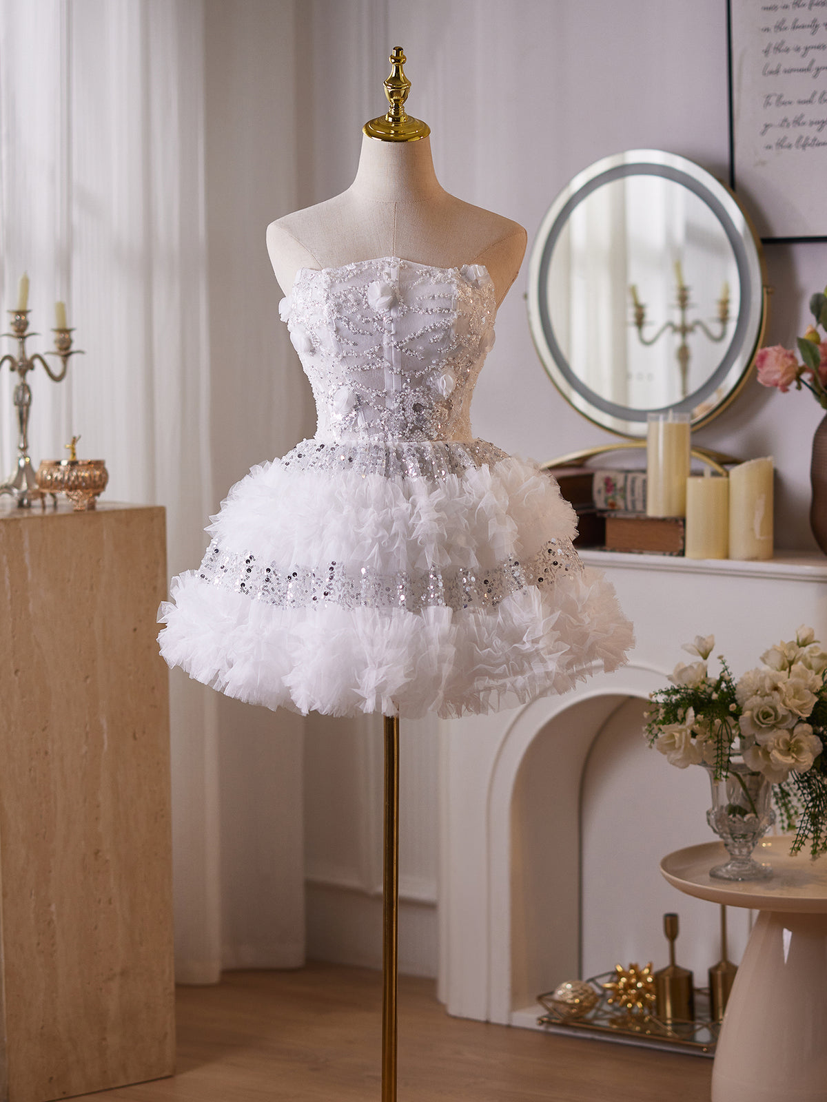Cicinia White Wedding Dresses Short Strapless 3D Floral Beaded Sequin Tiered Ruffle Tulle Mini Bridal Dress