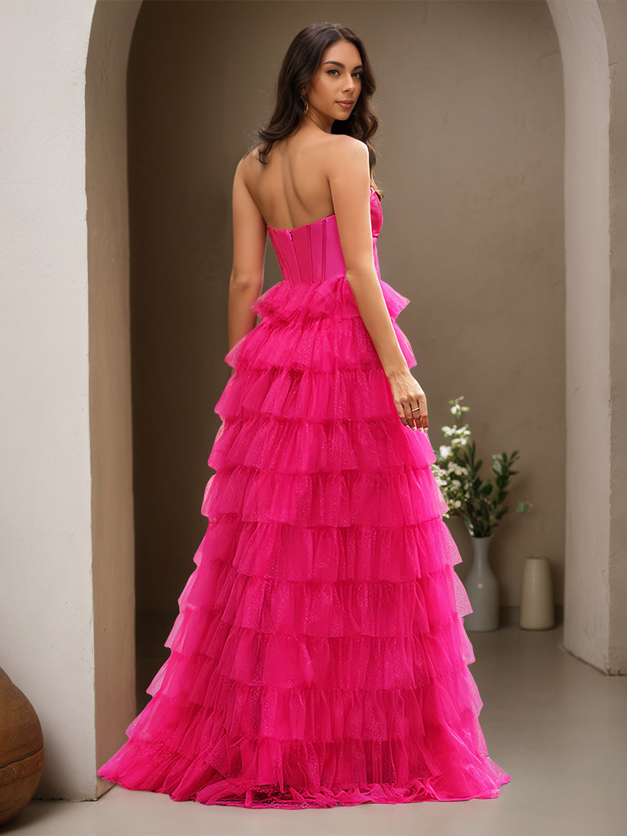 Cicinia Fuchsia Prom Dresses Long Tulle A-line Layered Floor Length Sweetheart Gowns
