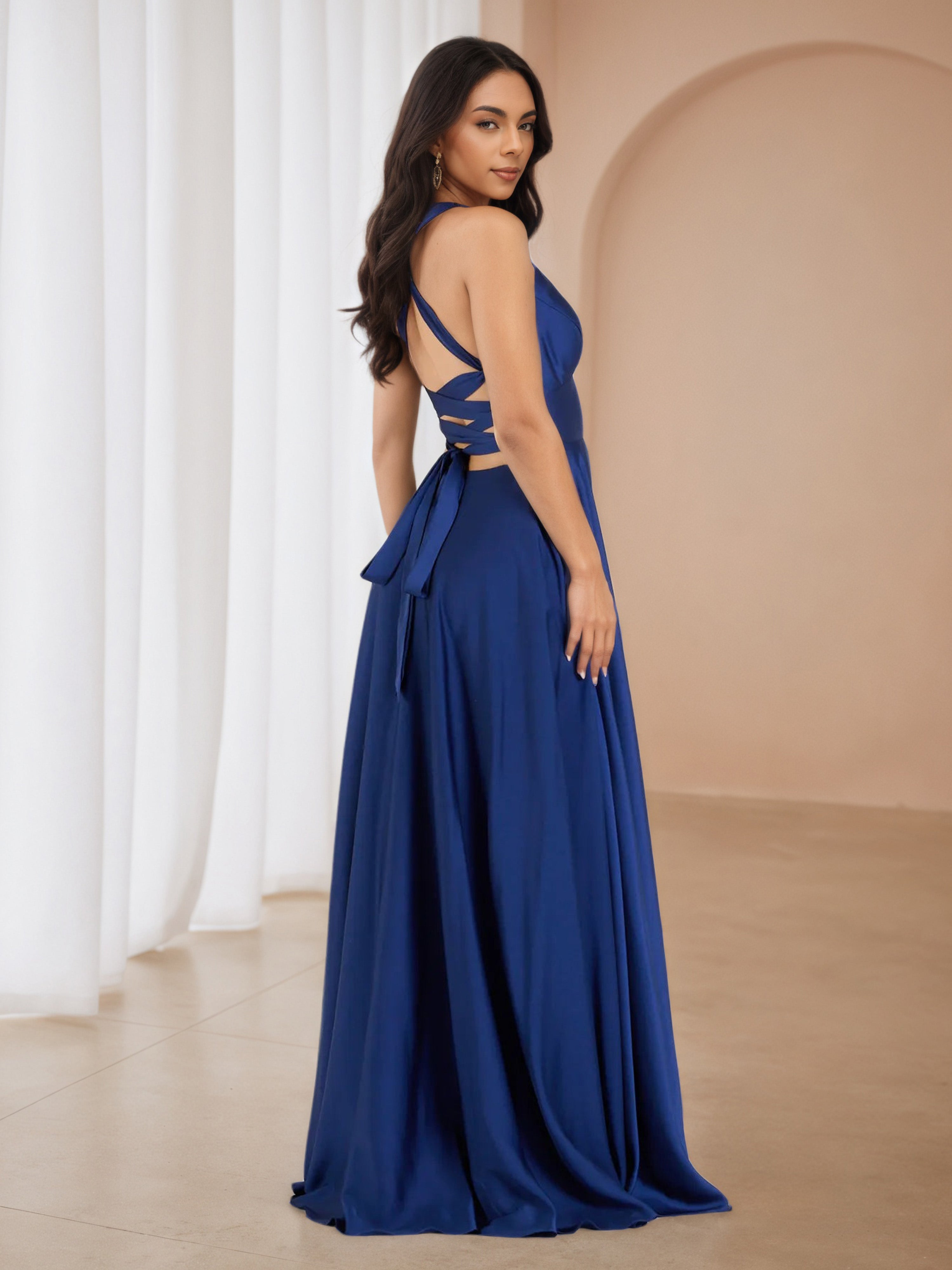 A-Line Royal Blue V-Neck Straps Wedding Guest Dress