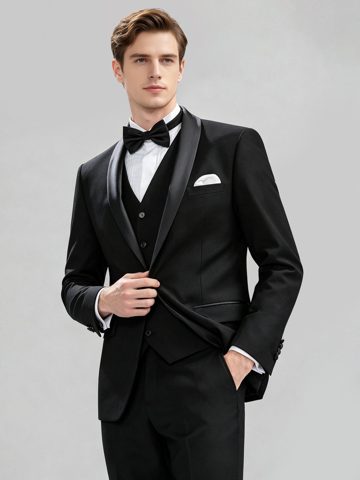 Cicinia 3 Pieces Solid Black Men's Suits Tuxedo Shawl Lapel Satin Trim Single Breasted Men Suit