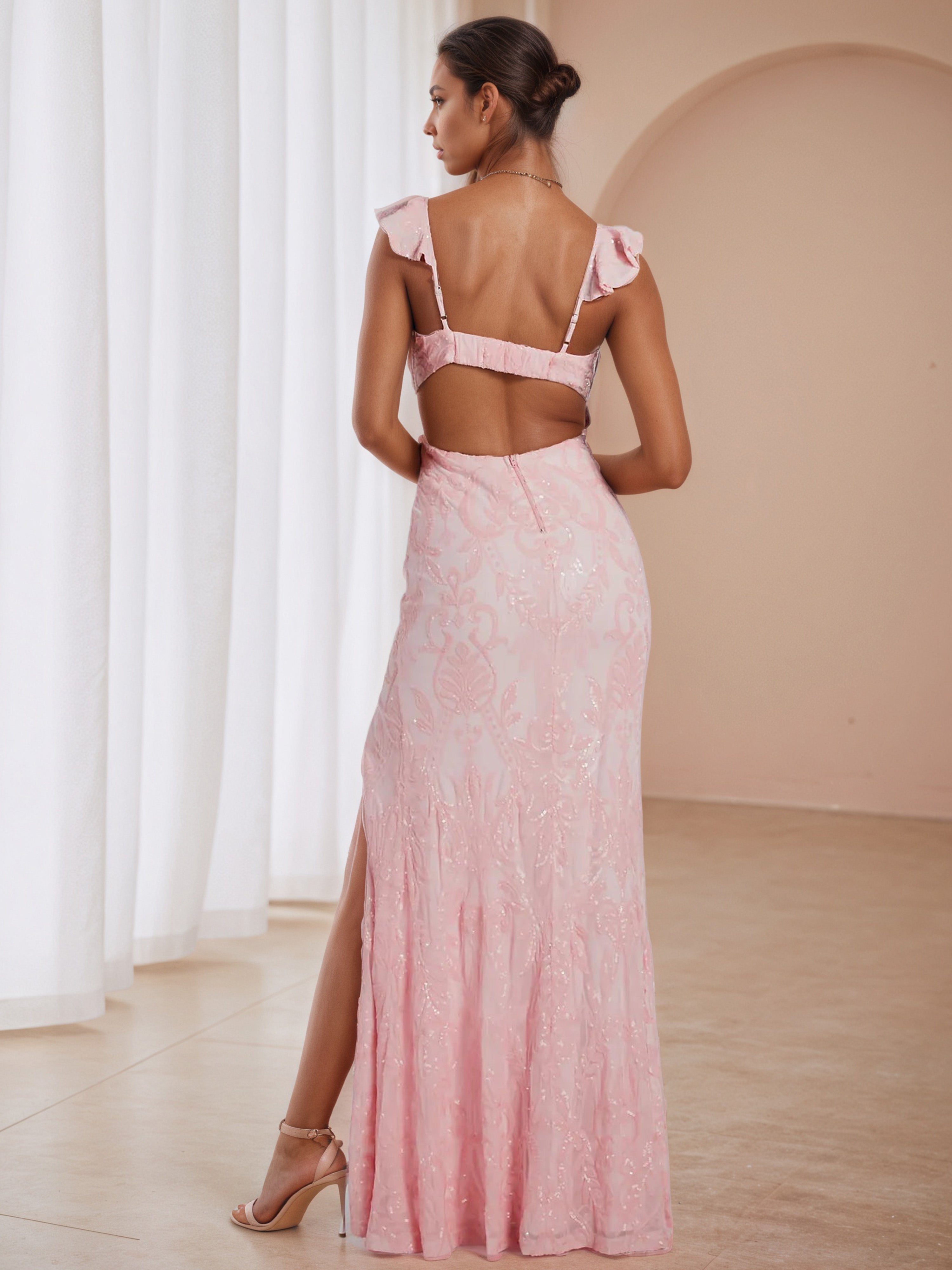 V-Neck Sequins Blushing Pink Straps Formal Dresses