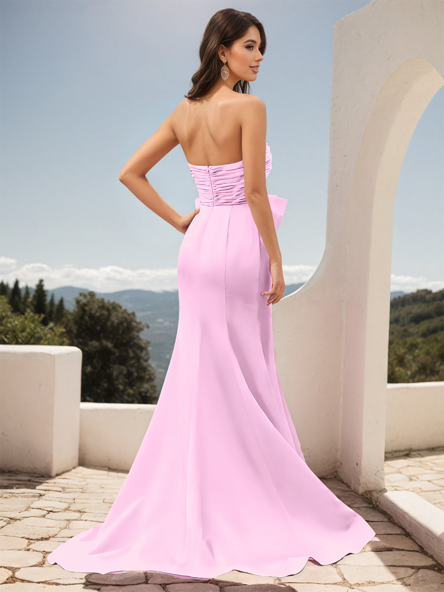 Cicinia Candy Pink Prom Dresses Long Stretch Fabric Sheath Slit Strapless Gowns With Big Bowknot