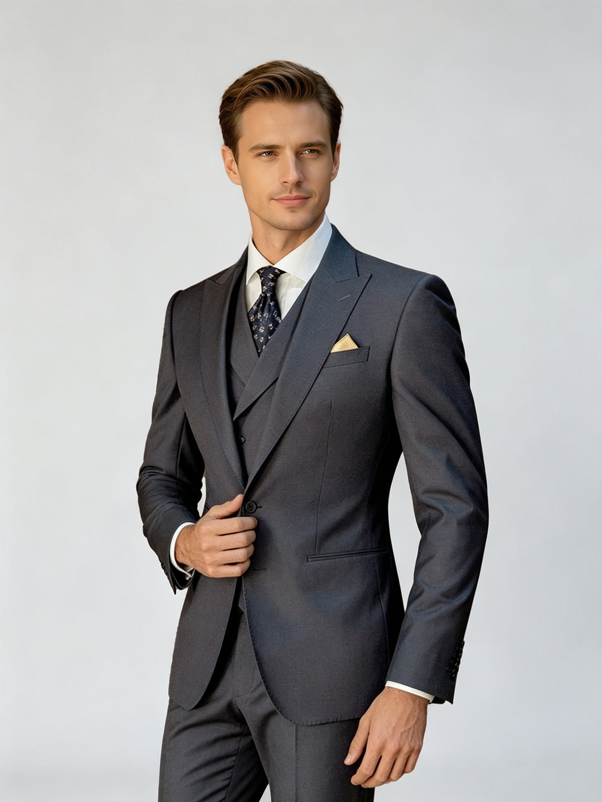 Cicinia Steel Grey Men's Suits 3 Pieces Suit Peak Lapel Single Breasted Jacket Vest Straight Cut Trousers