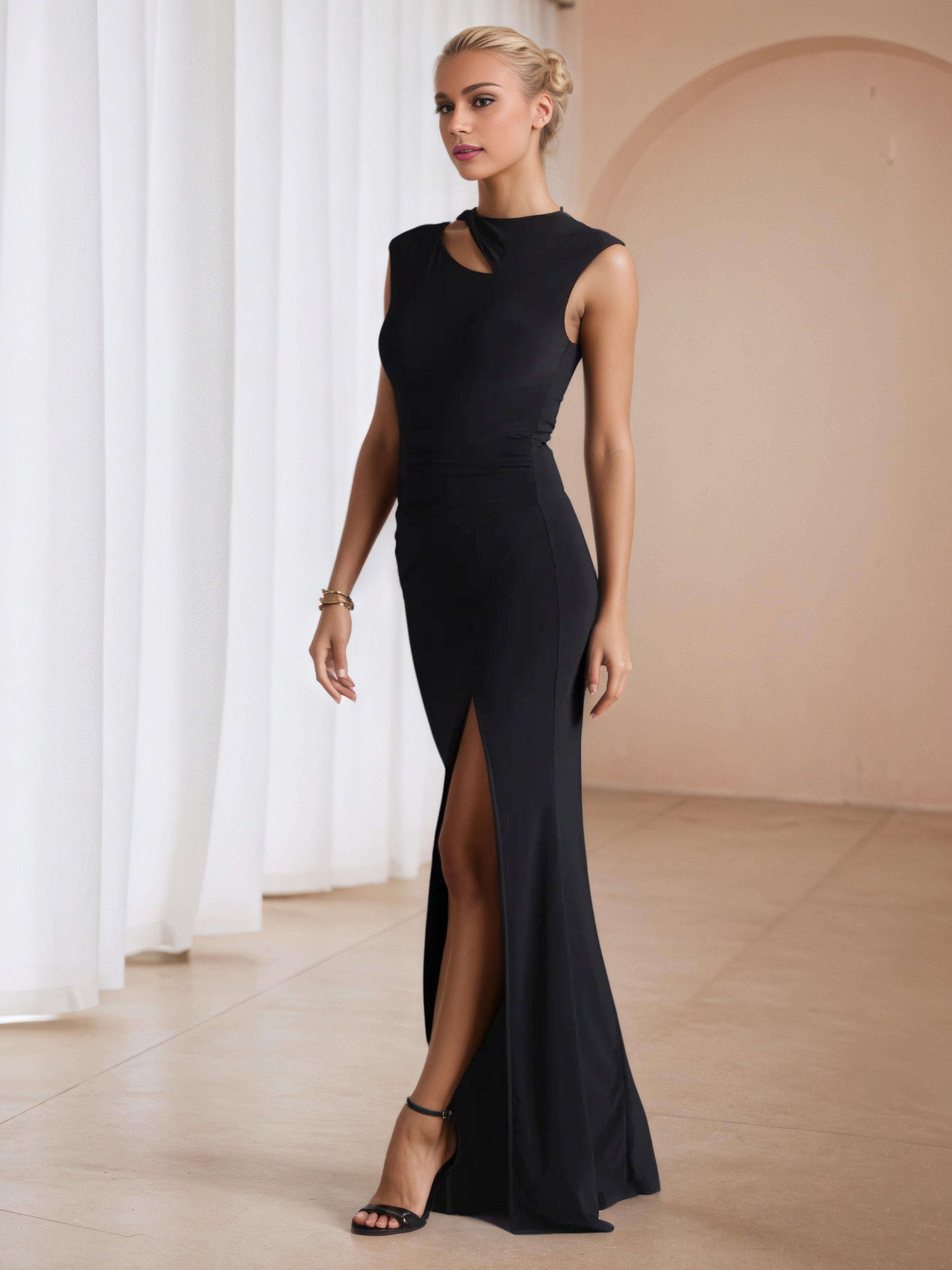 Jewel Sleeveless Long Wedding Guest Dress with Split
