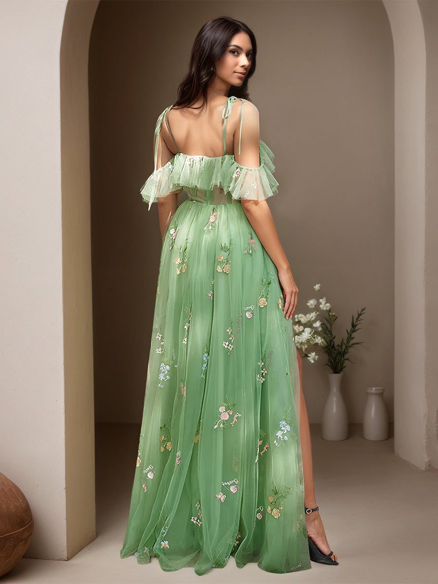 Cicinia Dusty Sage Prom Dresses Long Lace Tulle A-line Spaghetti Straps Floor Length Slit