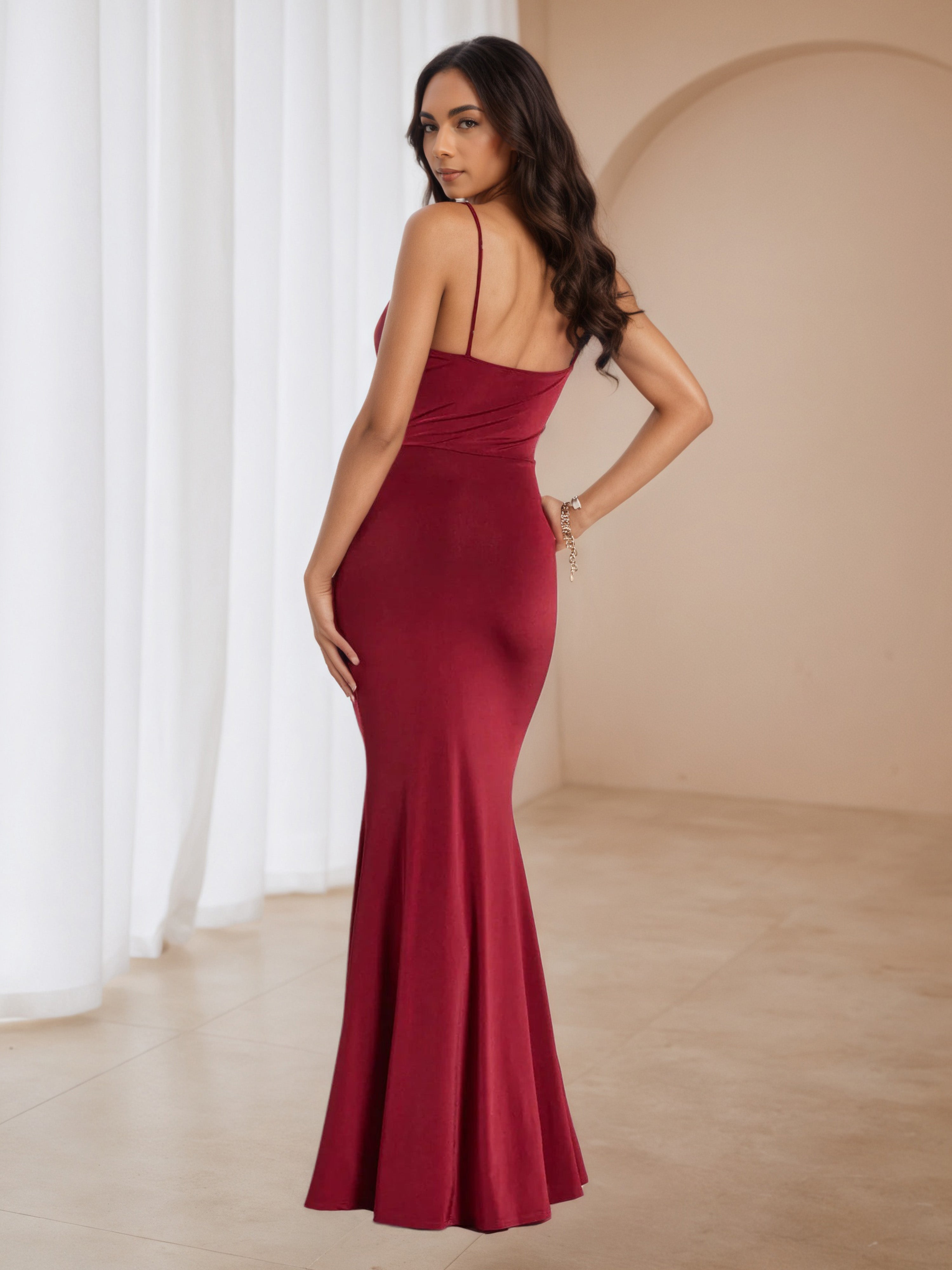Spaghetti Straps V-Neck Burgundy Pleats Long Wedding Guest Dress