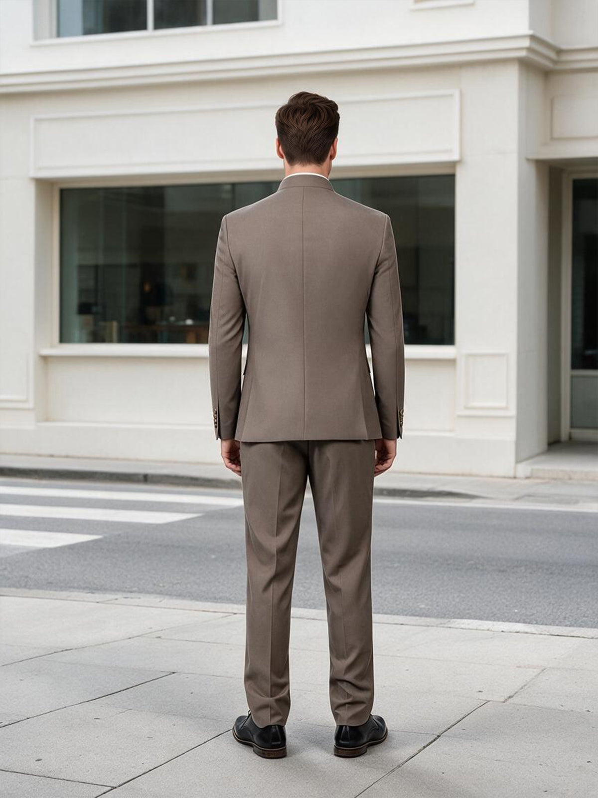 Cicinia Solid Mandarin Collar Single Breasted Modern 2 Pieces Taupe Men's Suits