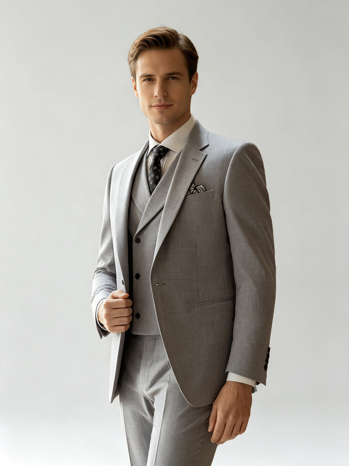 Cicinia 3 Piece Notch Lapel Silver Men's Suits Jacket Double Breasted Vest Straight Leg Trousers Suit