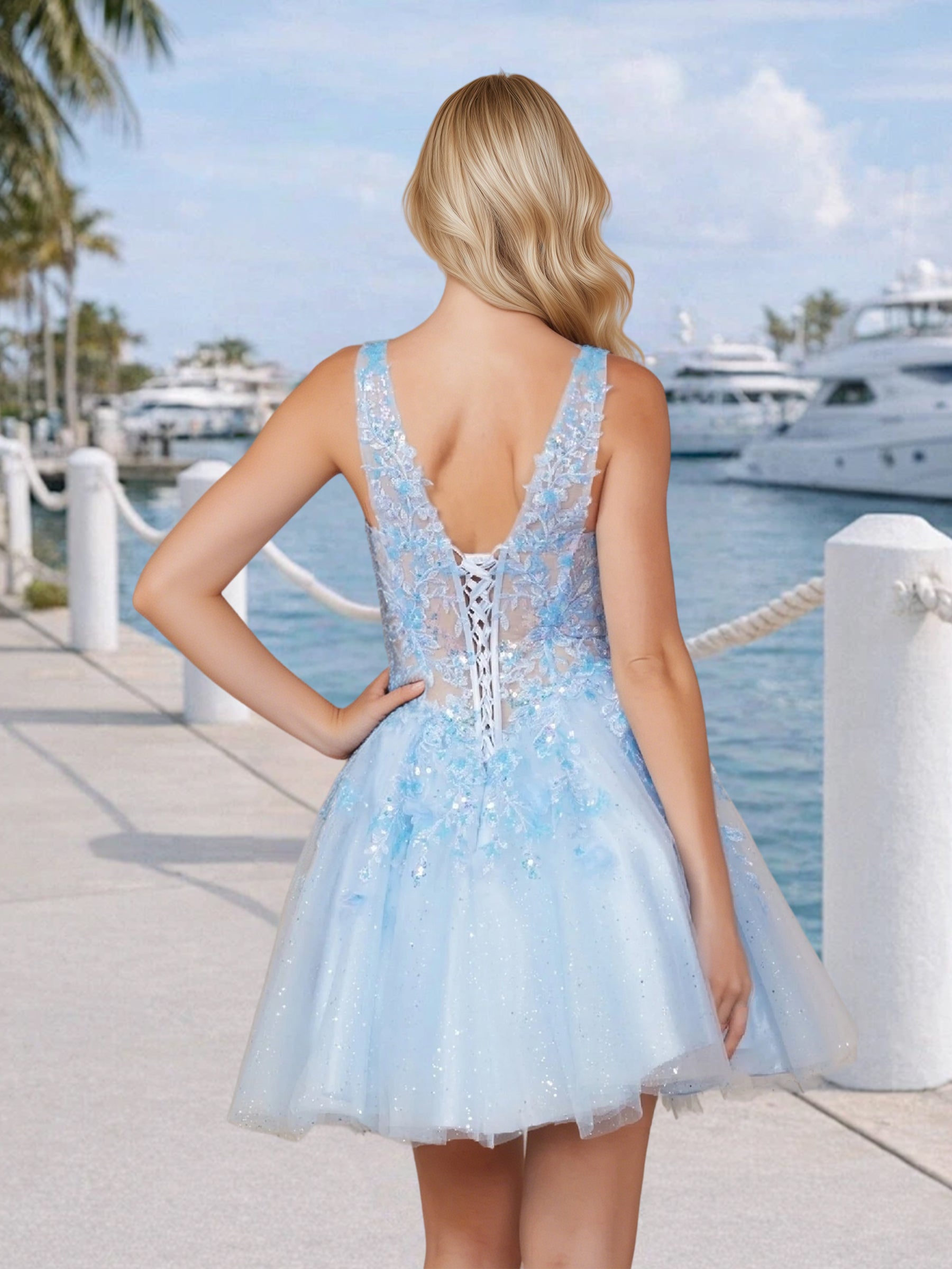 Cicinia Elegant Tulle Sky Blue Homecoming Dresses Short Appliques Lace A-line Mini Length