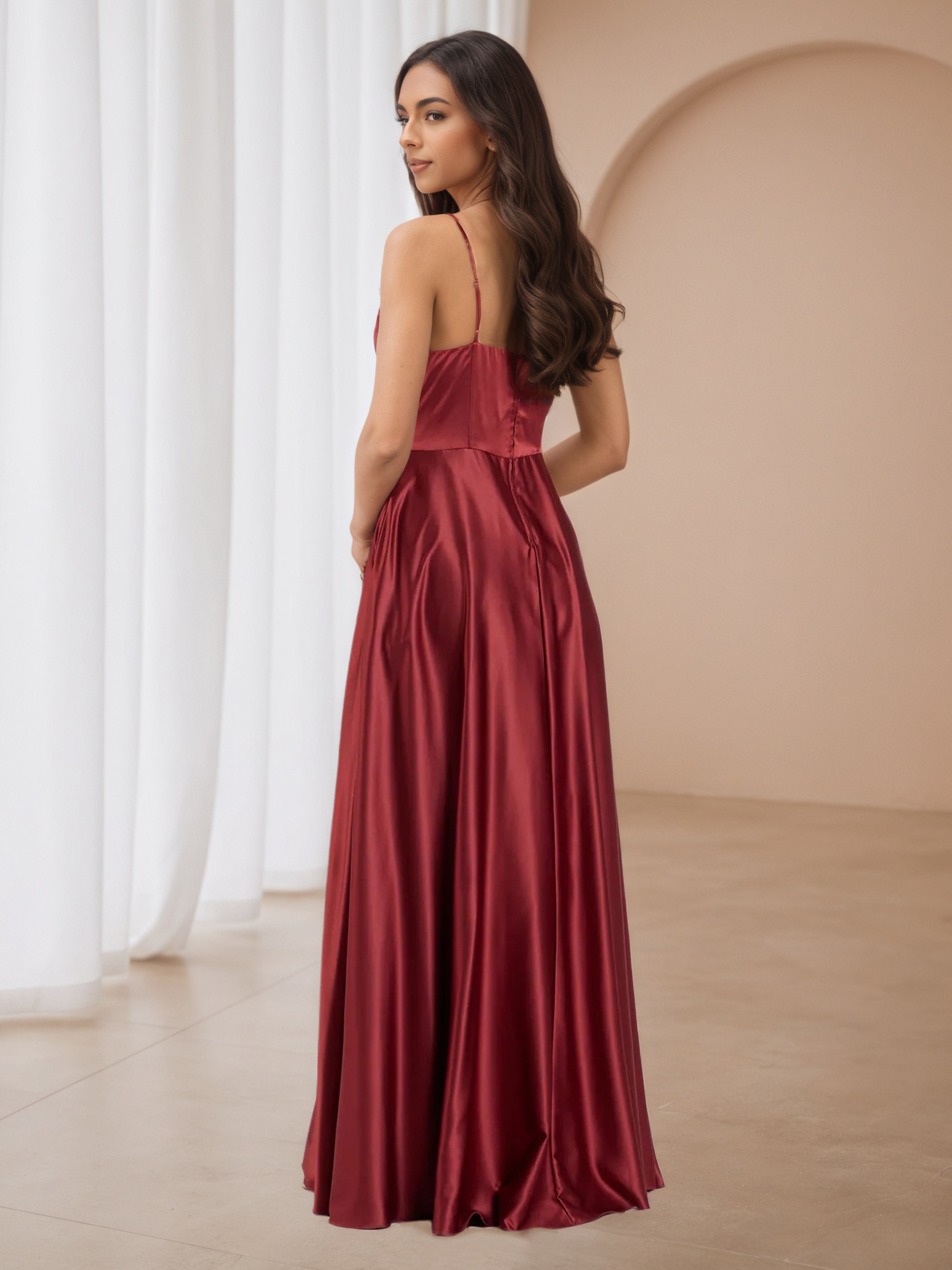 A-Line Spaghetti Straps Burgundy Split Wedding Guest Dress