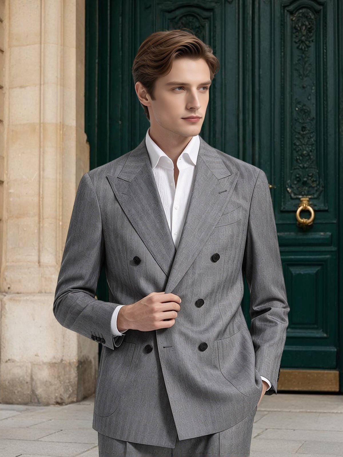 Cicinia Stylish Double Breasted Peak Lapel 2 Pieces Grey Men's Suits