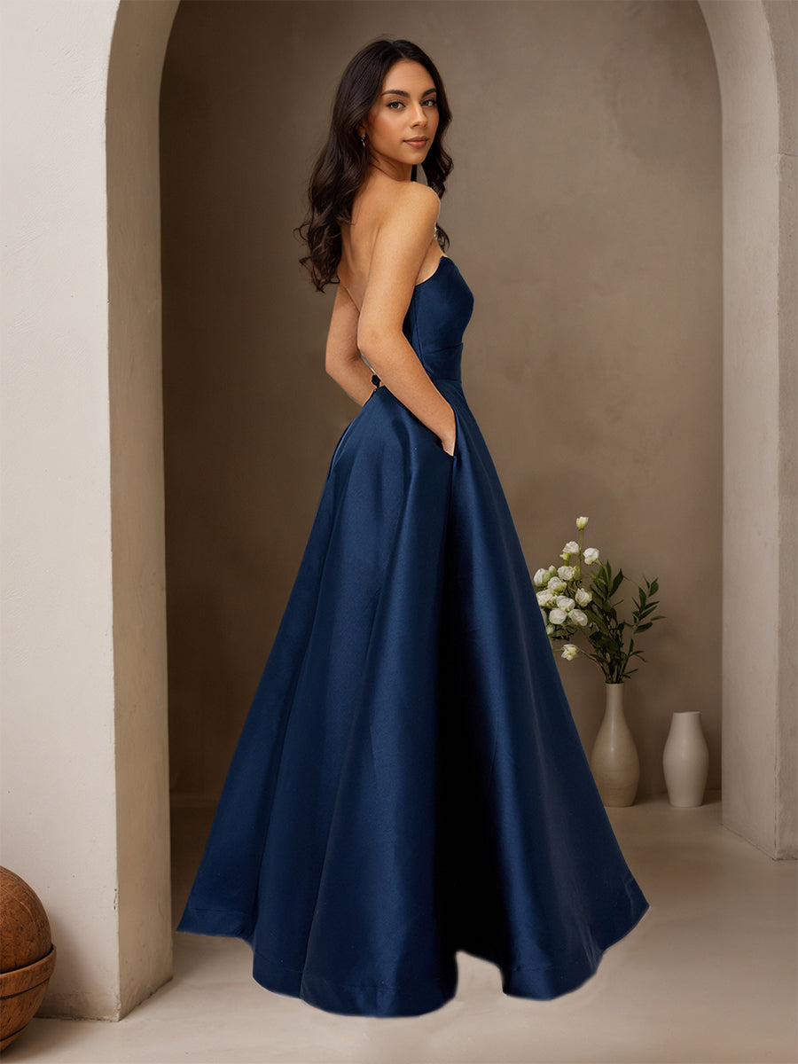 Cicinia Dark Navy Prom Dresses Long Satin A-line Floor Length Strapless Chic